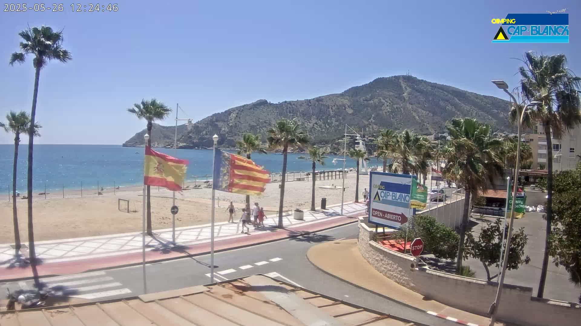 A sandy beach with palm trees and a few people walking along a paved walkway, under a clear blue sky, with a mountain in the background and calm ocean water.