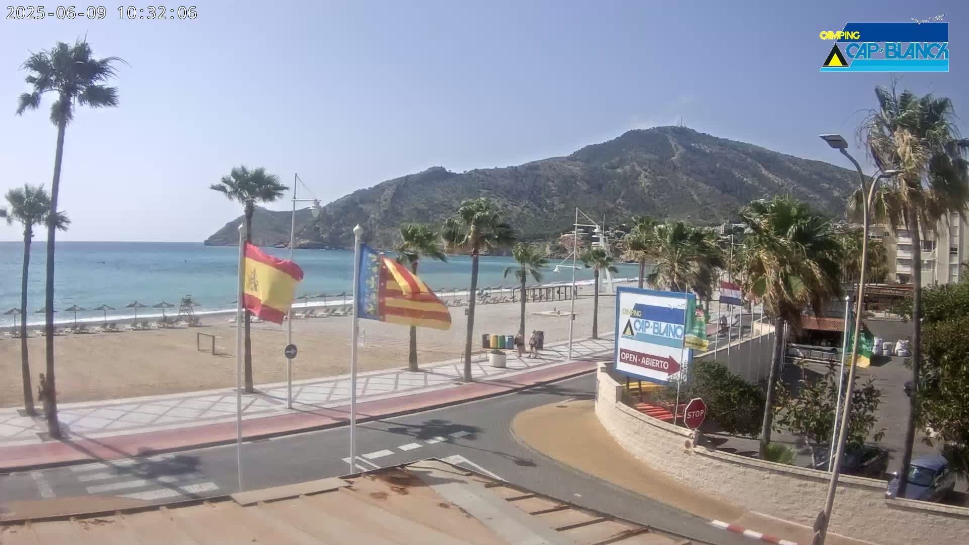 A sandy beach with turquoise water, palm trees, and a mountain in the background on a sunny day with a light breeze.
