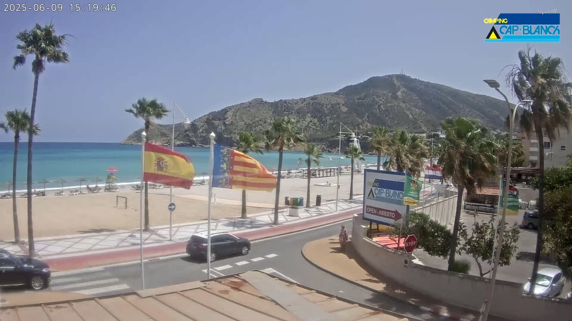 A sunny day at a beach with palm trees, cars parked near a road next to the sand, and a mountain in the background.