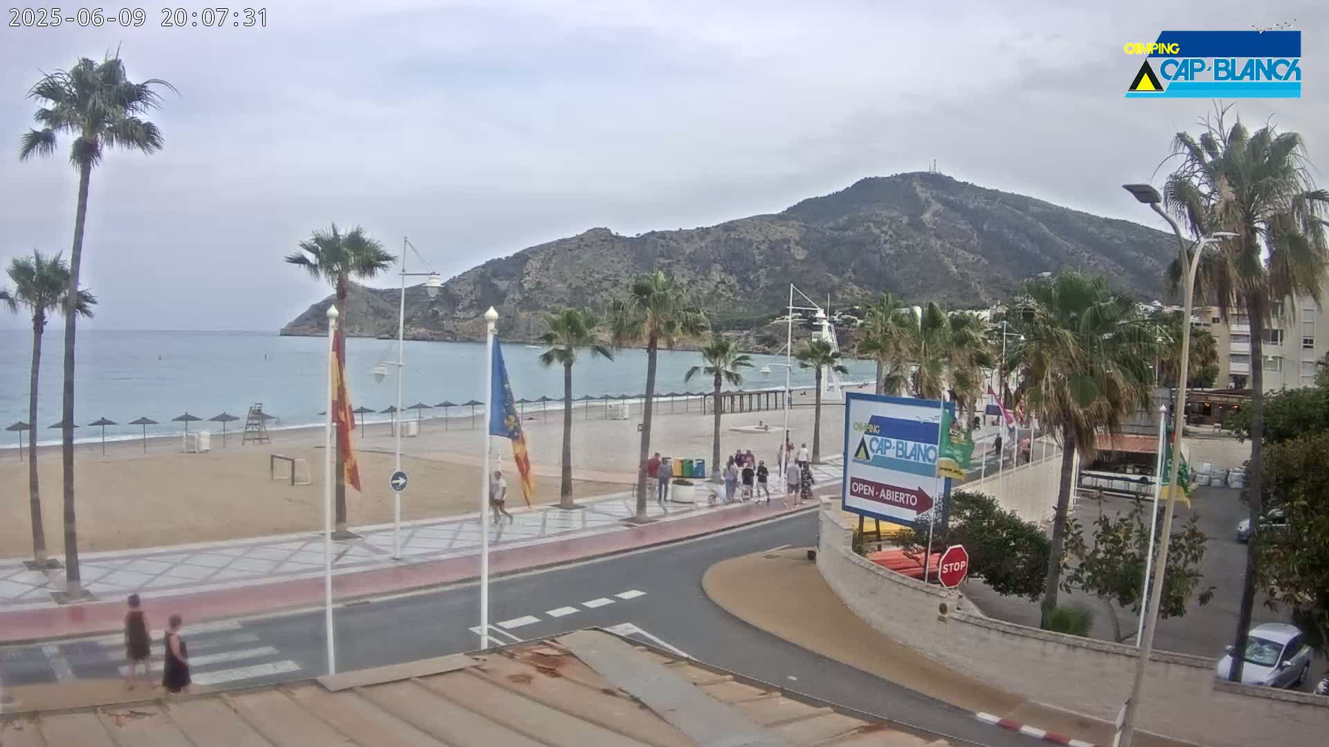 A sandy beach with palm trees and people walking along a paved walkway next to a calm ocean under an overcast sky, with a mountain in the background.