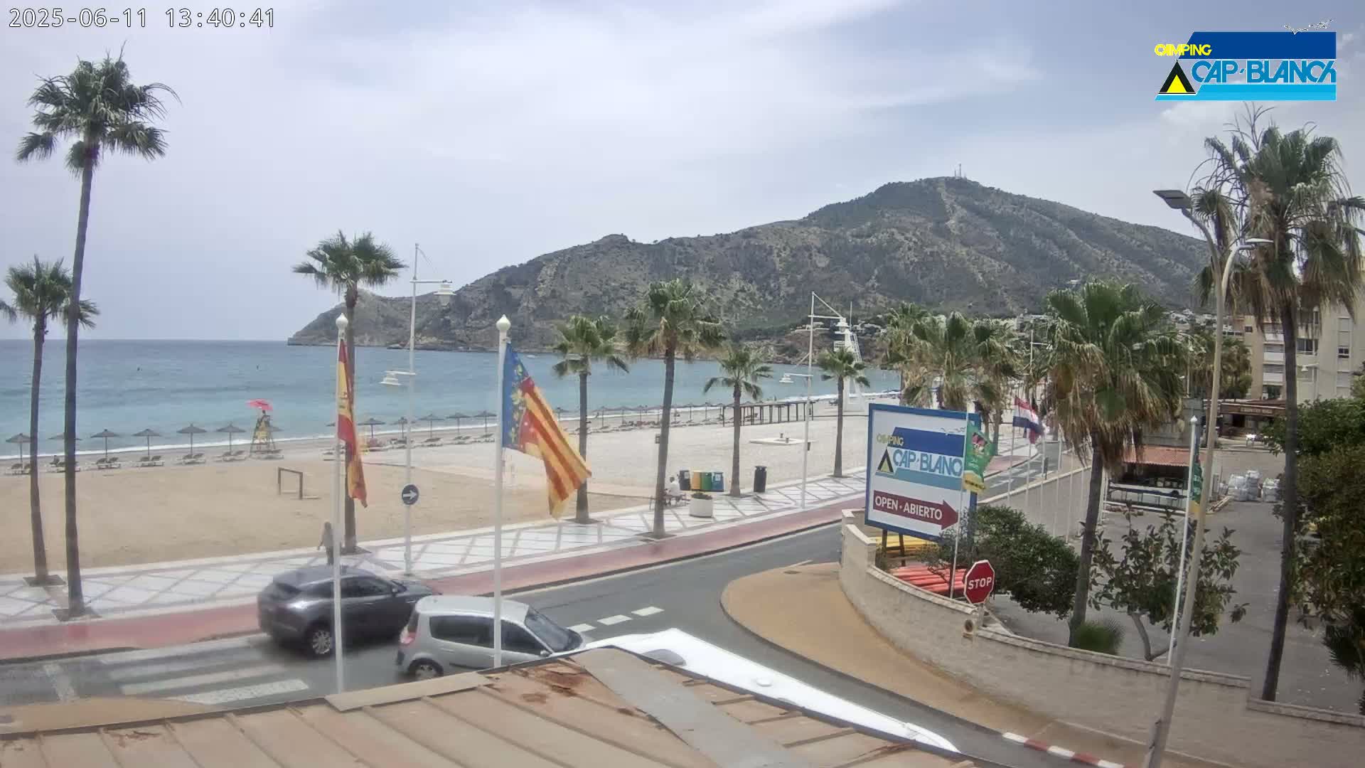 A partly cloudy day at a beach with palm trees, cars, and a mountain in the background.