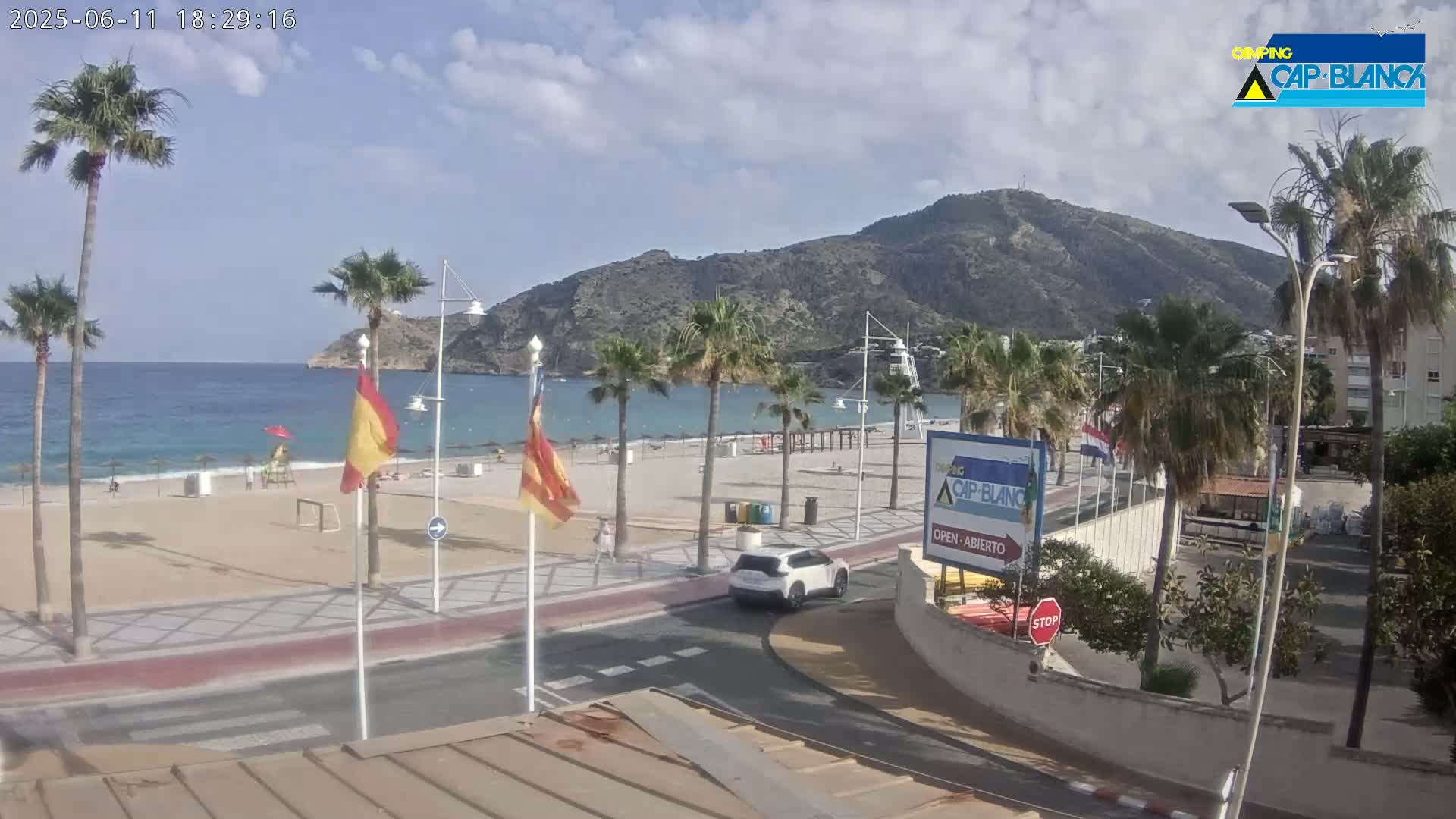 A sandy beach with calm ocean water is situated beneath a mountain on a partly sunny day; palm trees line the beach and road.