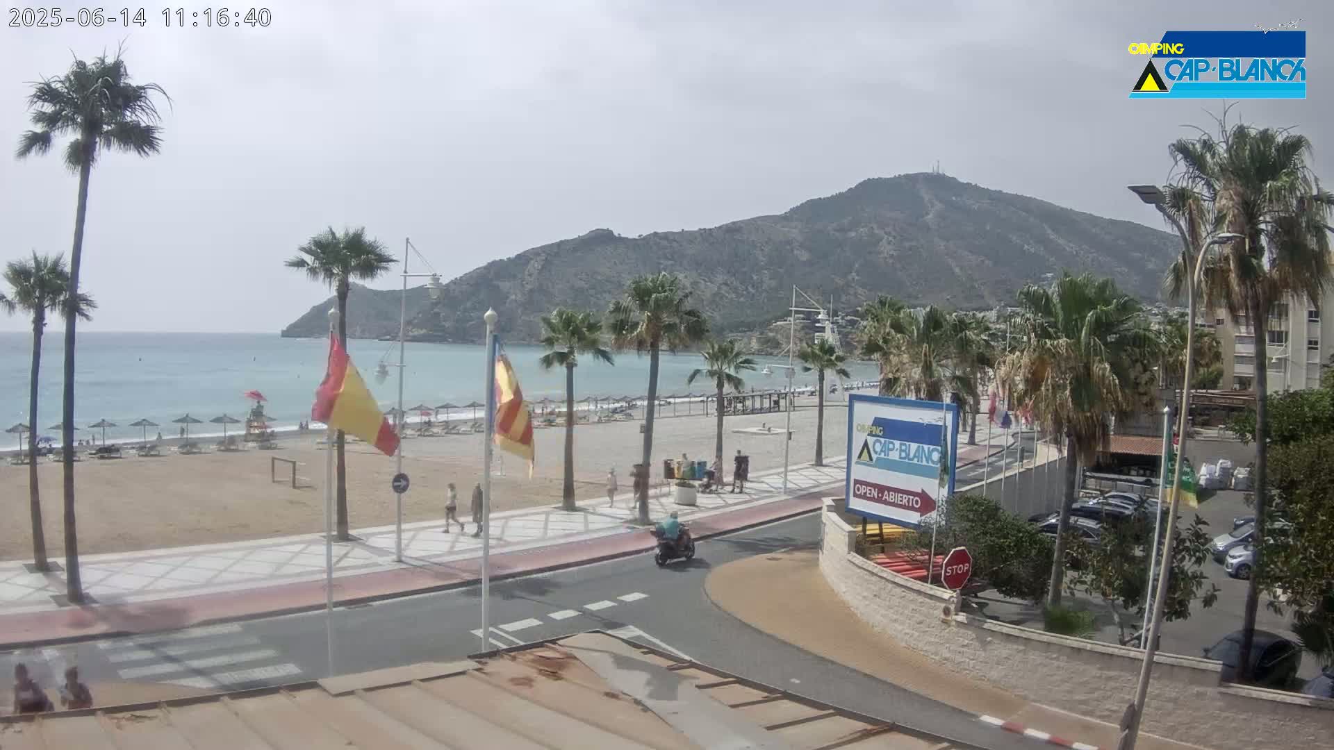 A beach with palm trees and a few people is visible in front of a large hill under a mostly clear sky.