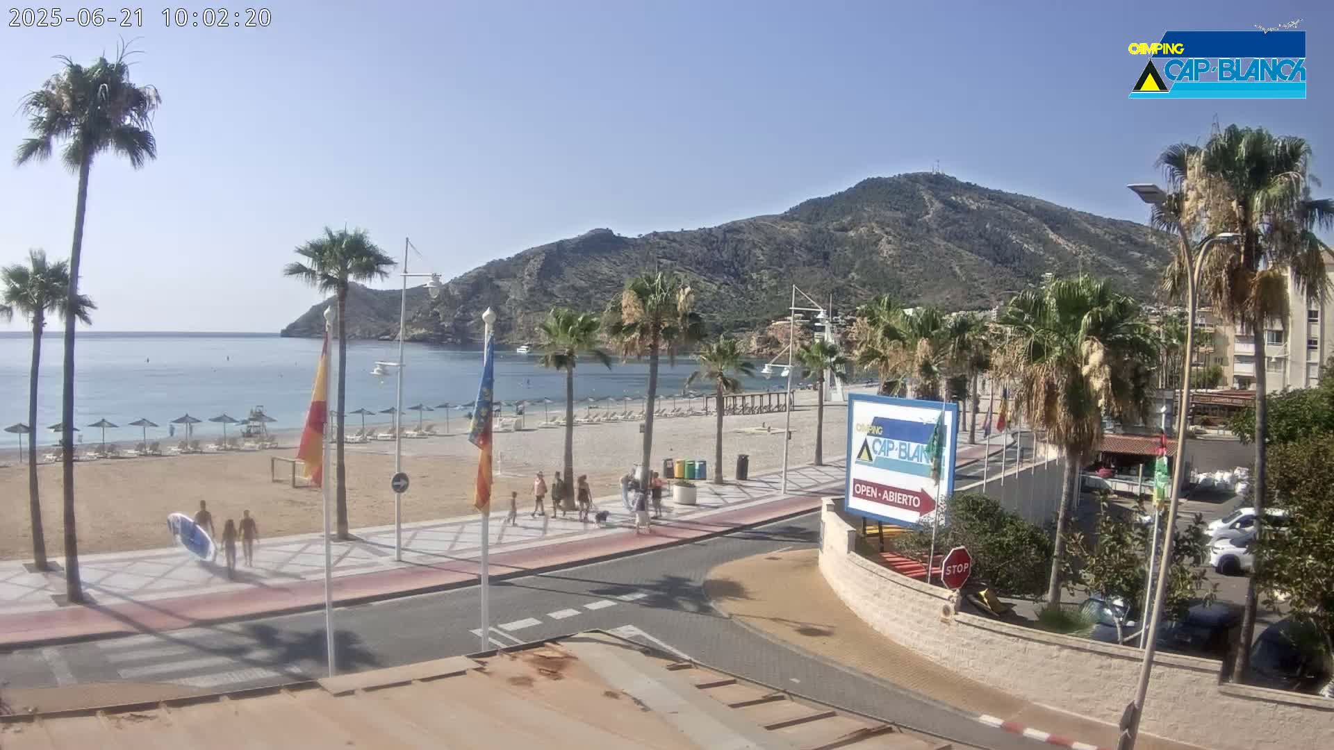 A sandy beach with palm trees and people walking along a promenade, overlooking a calm bay and a mountain under a clear sky.