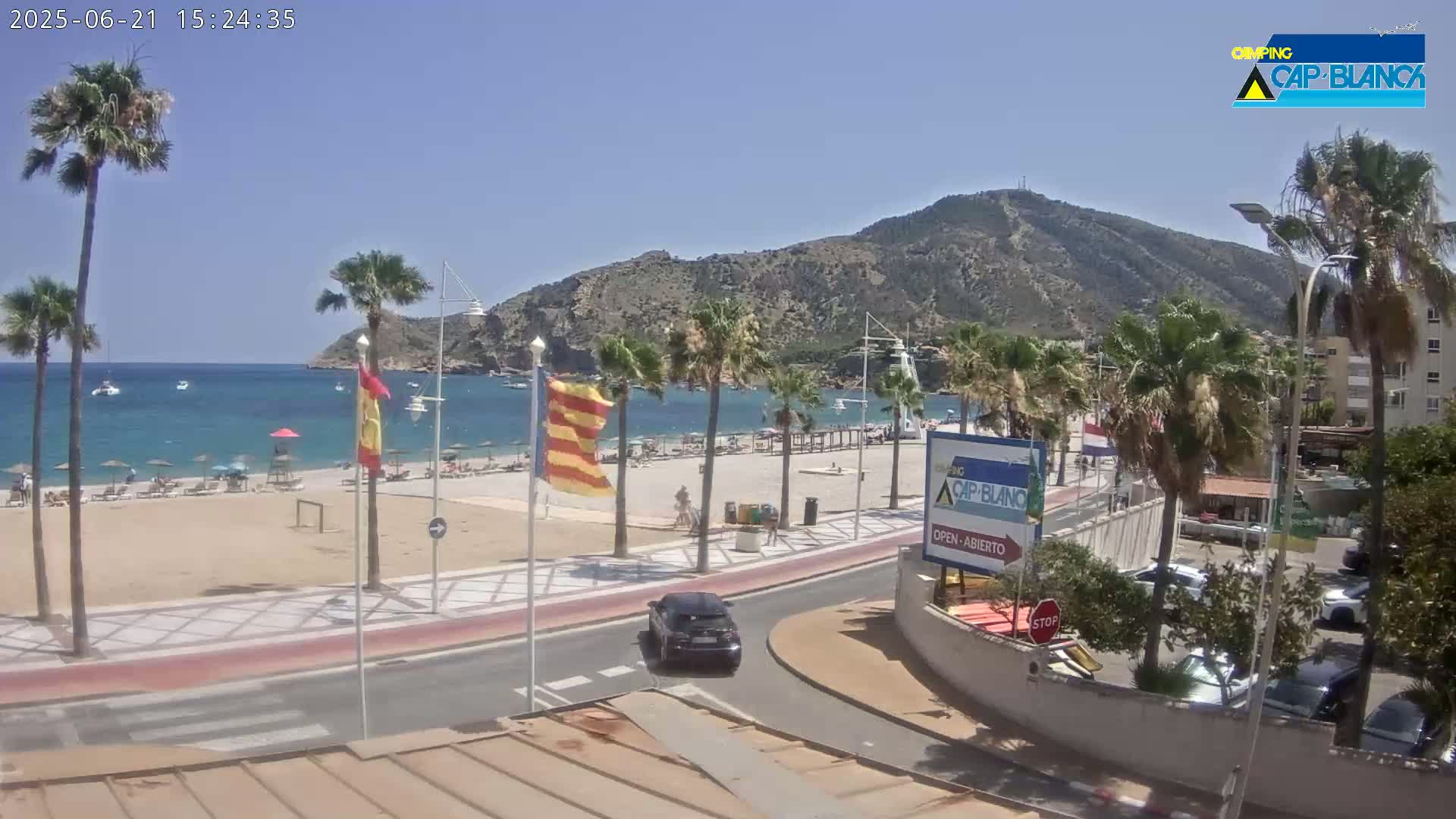 A sandy beach with palm trees and a few people, next to a road with cars, under a clear blue sky, with a mountain in the background.