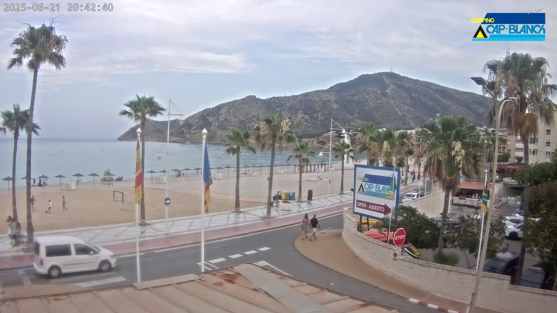 A mostly sunny day overlooking a beach with palm trees, a calm sea, and mountains in the background.