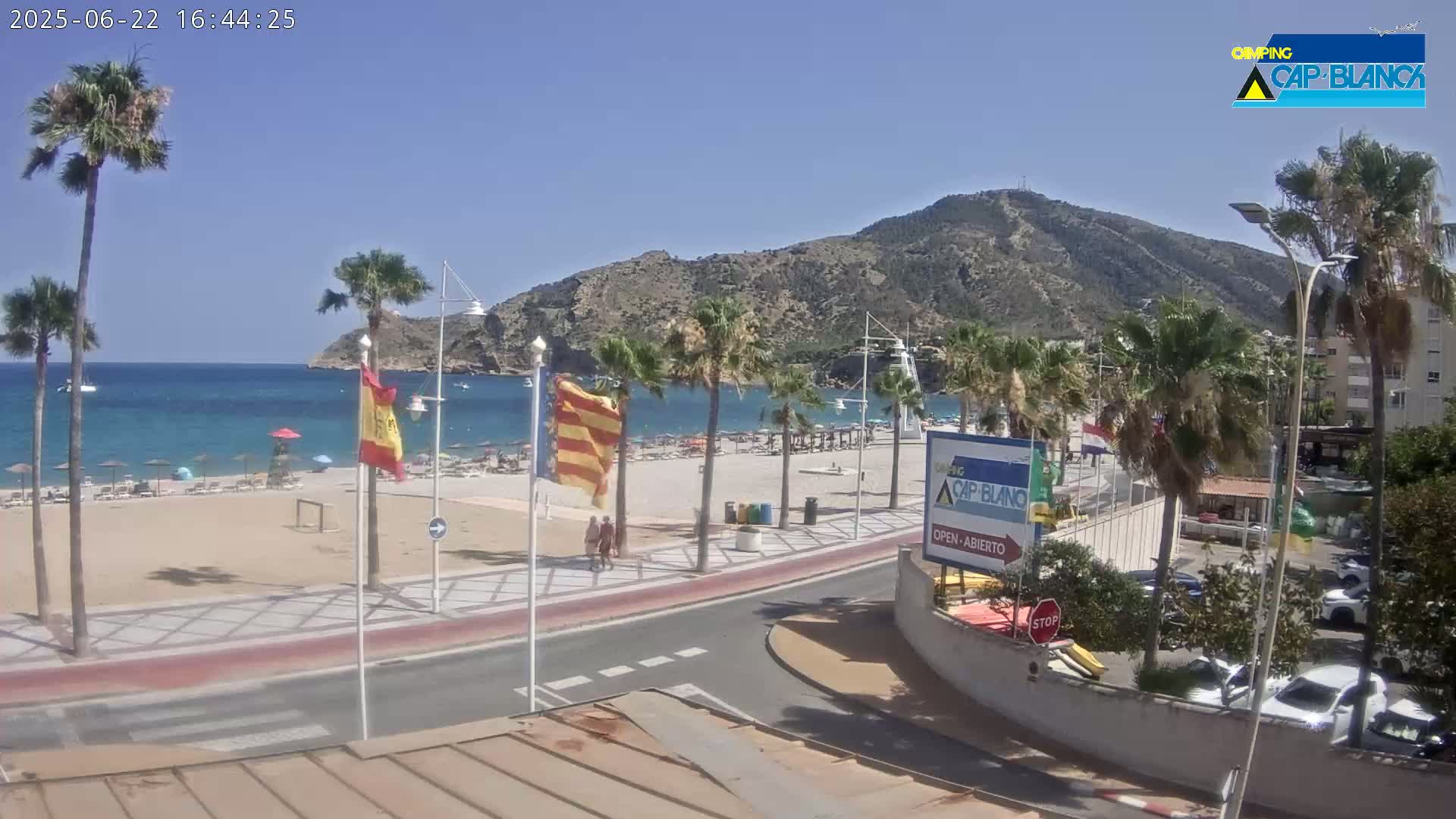A sunny beach scene shows a sandy shoreline with people, palm trees, and a mountain in the background.