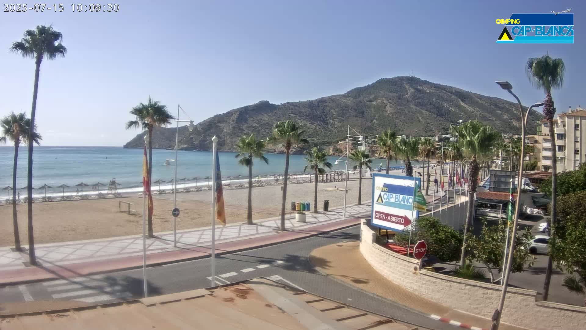 A sandy beach with palm trees lines a paved walkway next to a calm ocean under a clear sky, with a large mountain in the background.