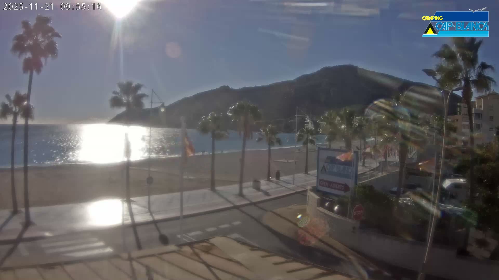 A bright, sunny morning reveals a coastal scene featuring a sparkling blue sea and sandy beach lined with palm trees, a promenade, and a road, all set against a backdrop of hills and buildings under a clear sky.