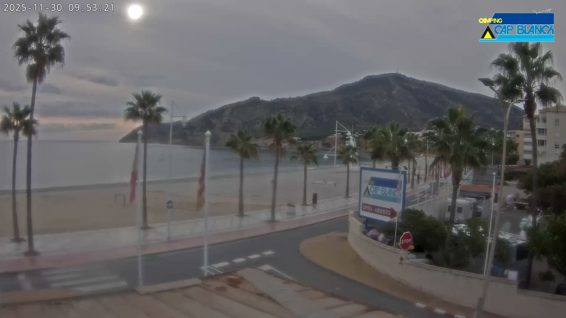 An overcast view of a quiet, damp beach with a row of palm trees, a wet promenade and road, and mountains in the background, all under a cloudy sky with a softly visible sun.