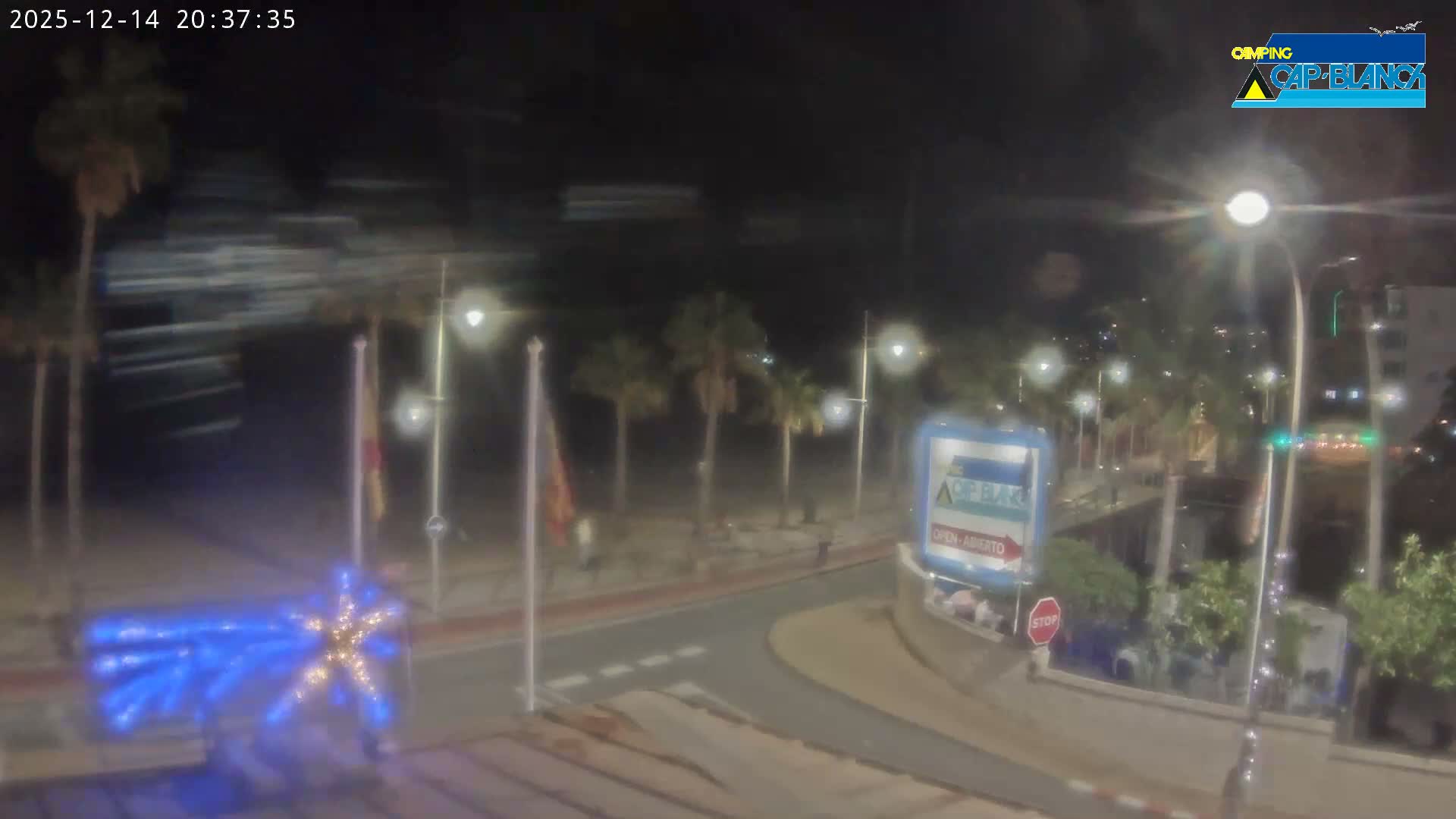 A wet promenade and sandy beach, bordered by palm trees, lead to a calm sea with a large mountain range in the distance, all under an overcast and damp sky.