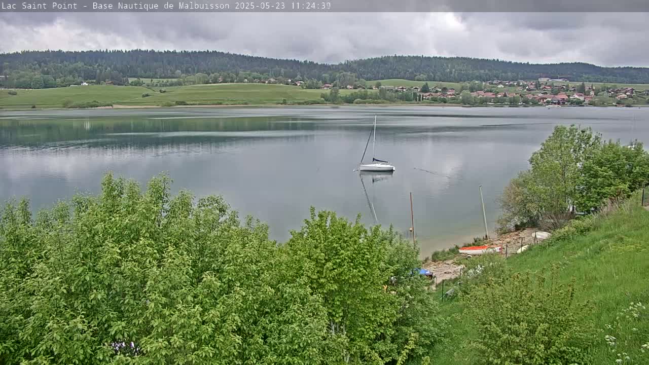 A sailboat rests on a calm lake under a cloudy sky, with lush green vegetation in the foreground and a village nestled along the far shore.