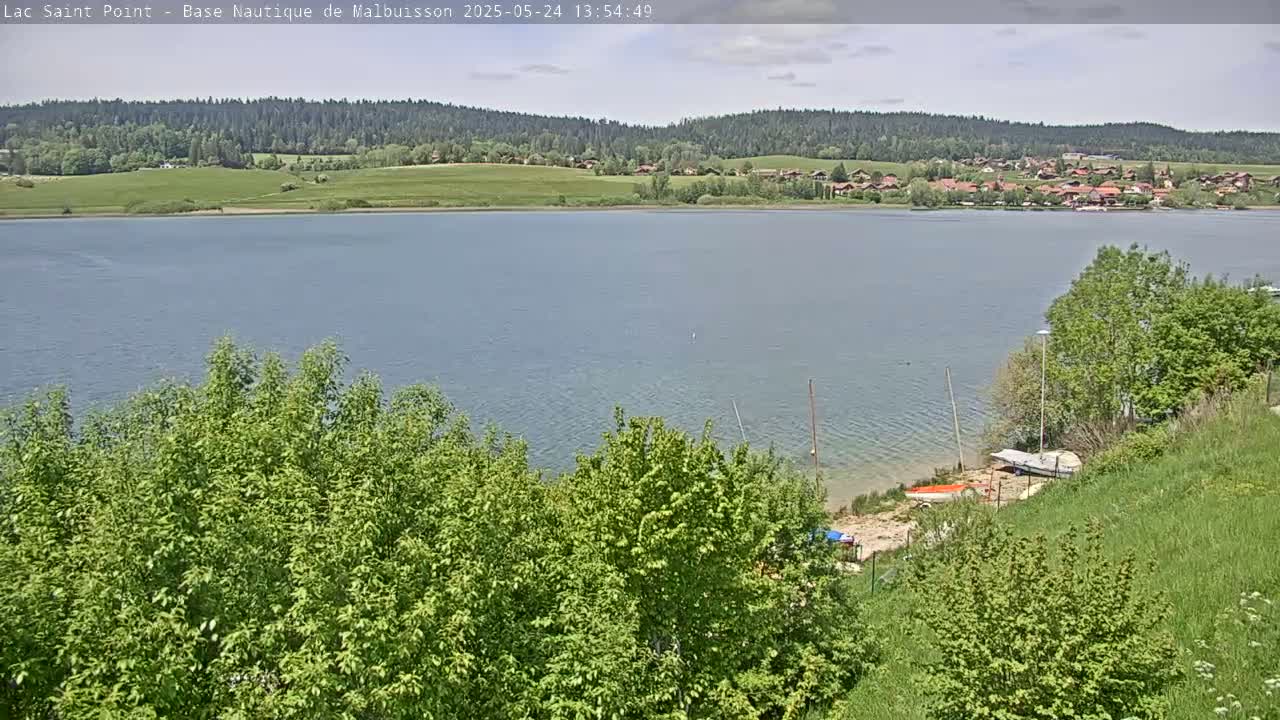 A mostly sunny day shows a calm lake with a small village on the far shore, partially obscured by lush green vegetation in the foreground.
