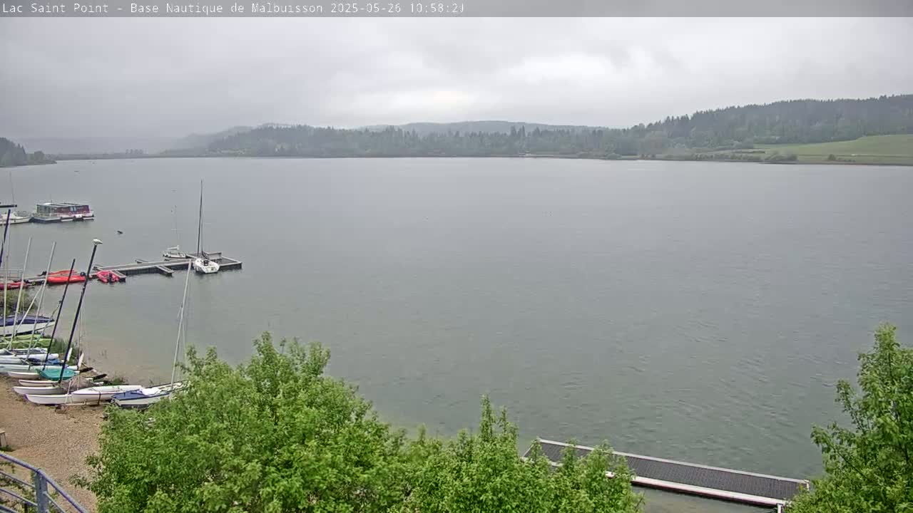 A calm lake under an overcast sky is viewed from a shoreline where several sailboats and other small watercraft are docked.