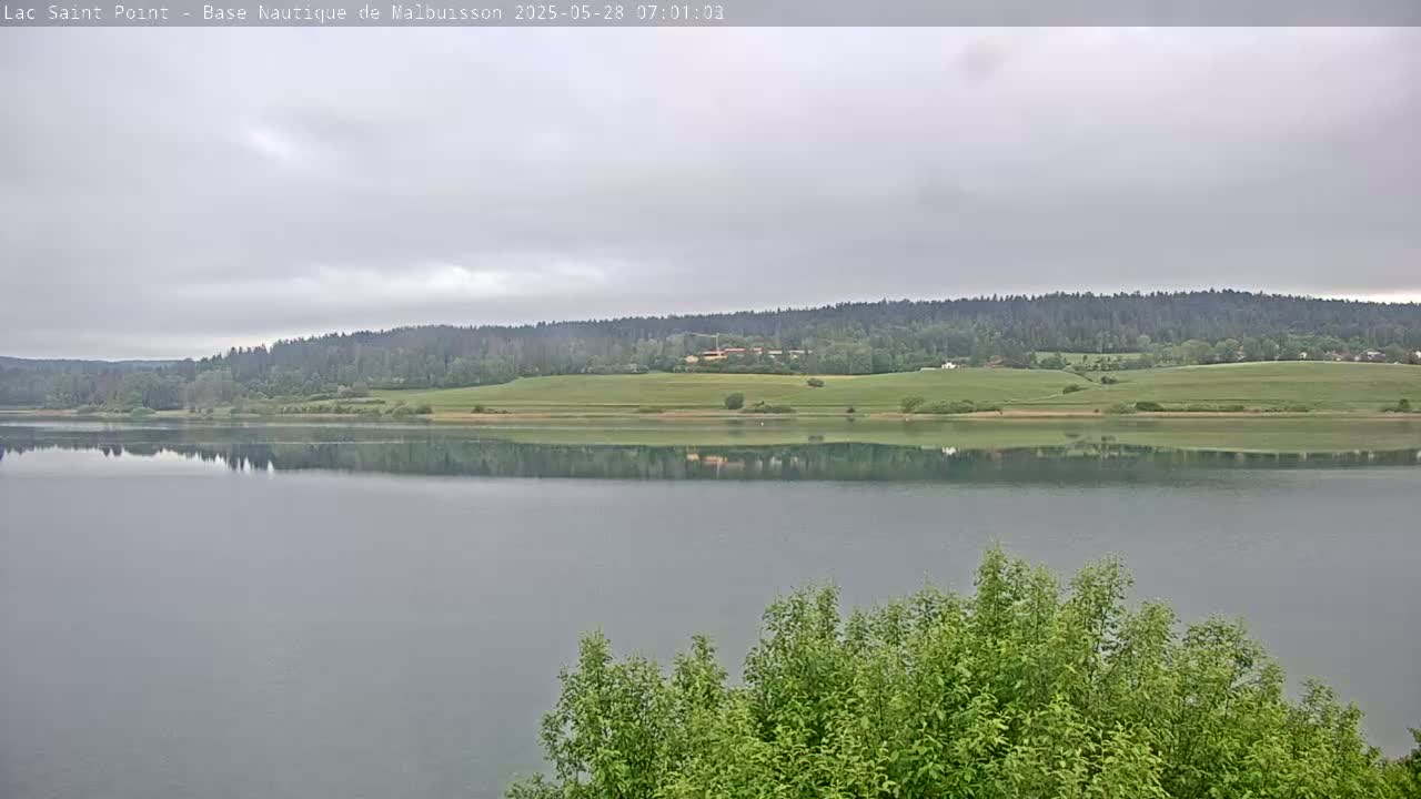 A calm lake reflects a green hillside and dark forest under an overcast sky.