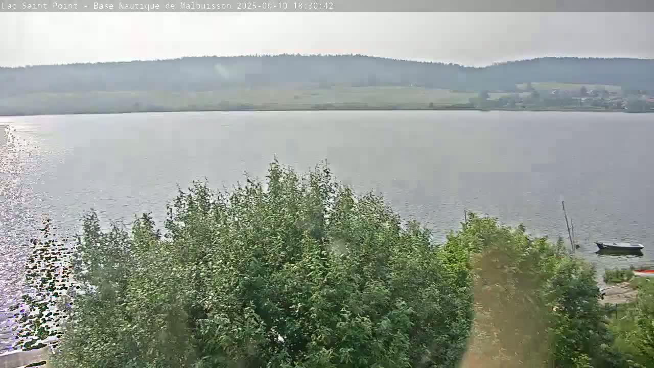 A calm lake is viewed from behind a line of green trees on an overcast day, with a small boat visible in the distance.