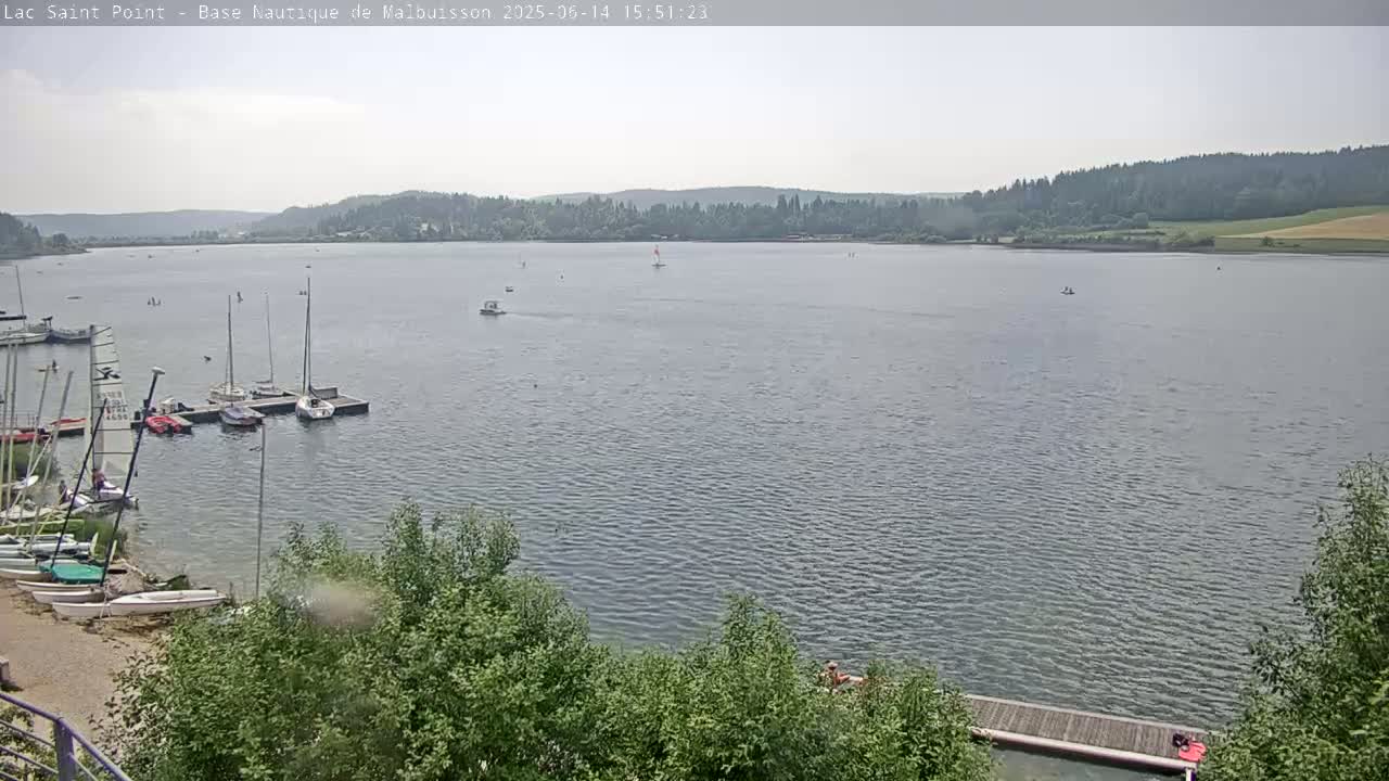 Several sailboats are docked at a lakeside marina, with a calm lake stretching out to a wooded shoreline under a hazy sky.