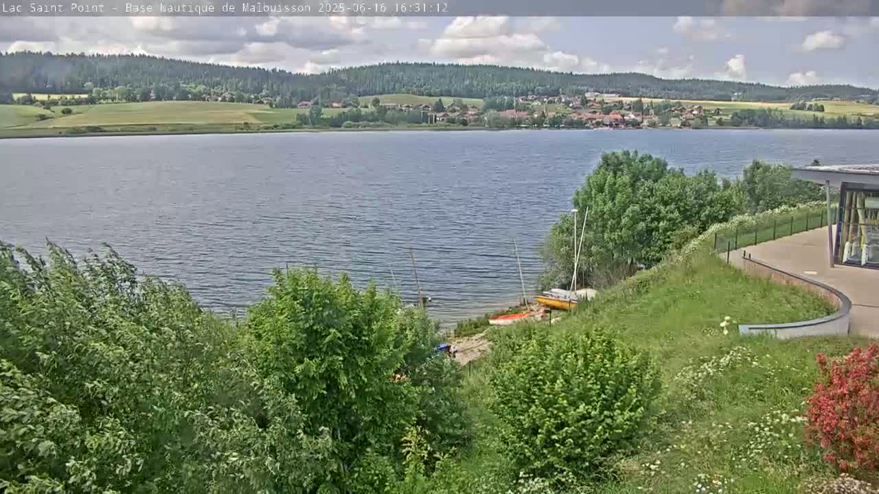 A partly cloudy day reveals a tranquil lake scene, with a small village visible in the distance, a grassy shoreline, and several small boats pulled ashore near a building.