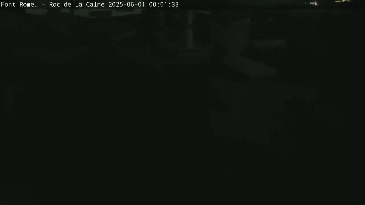 The image shows a very dark, nighttime scene, possibly outdoors.