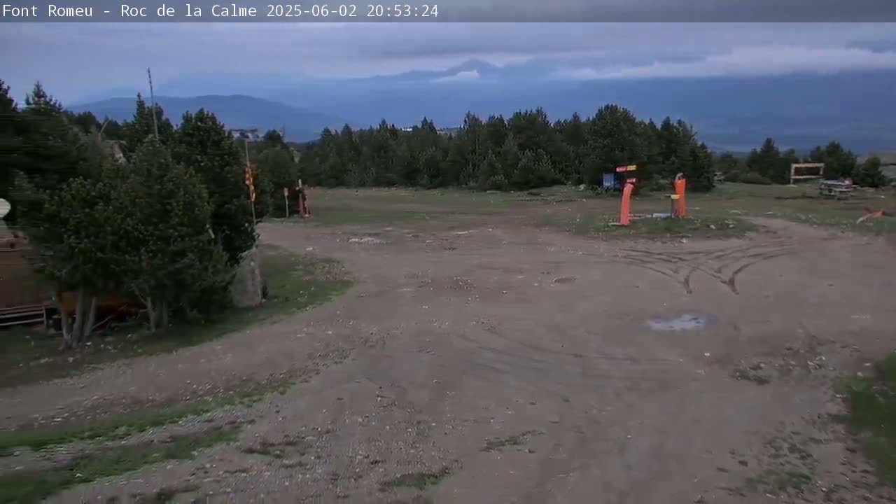 A mostly cloudy sky hangs over a sparsely vegetated, dirt area with tire tracks, some small trees, and distant mountains.