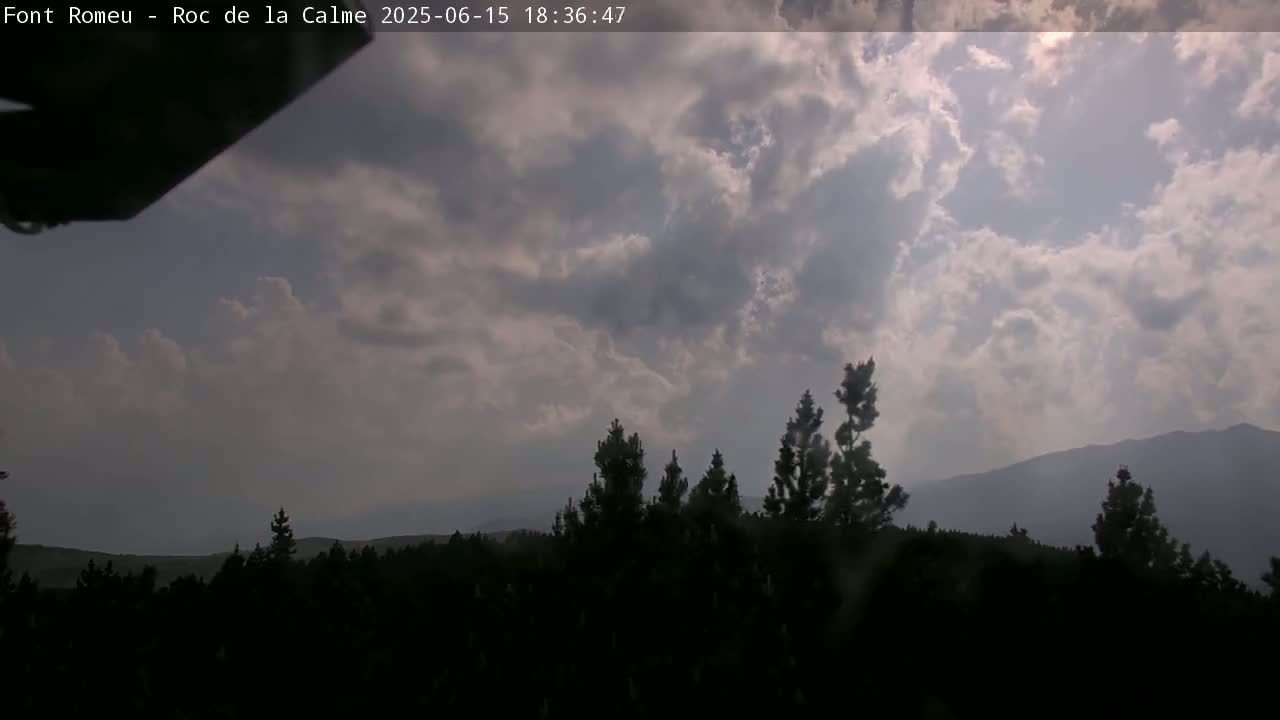 A partly cloudy sky, with the sun partially visible, overlooks a dark silhouette of a pine forest and distant mountains.