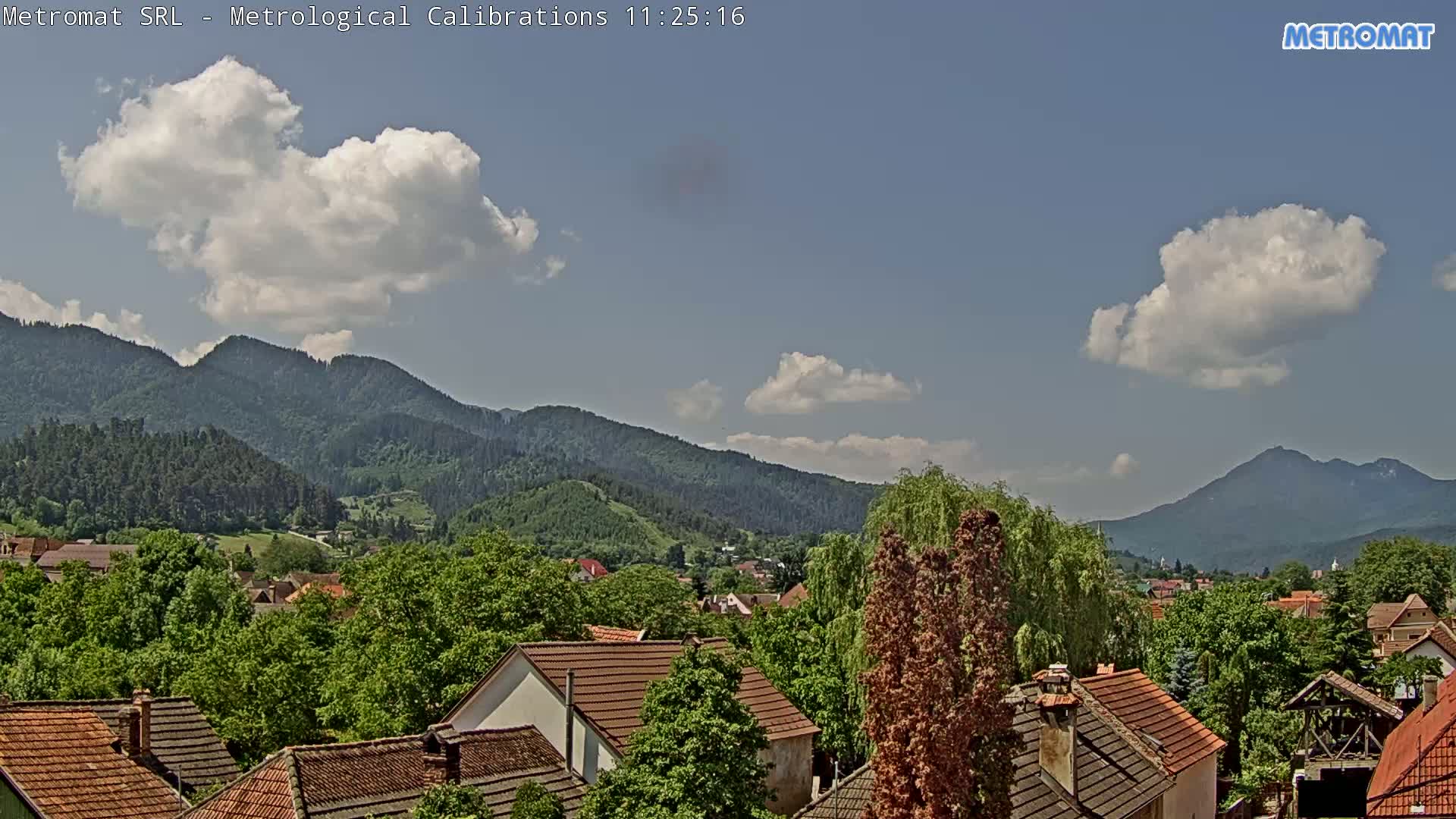 A partly cloudy day reveals a small town nestled amongst green, tree-covered mountains.