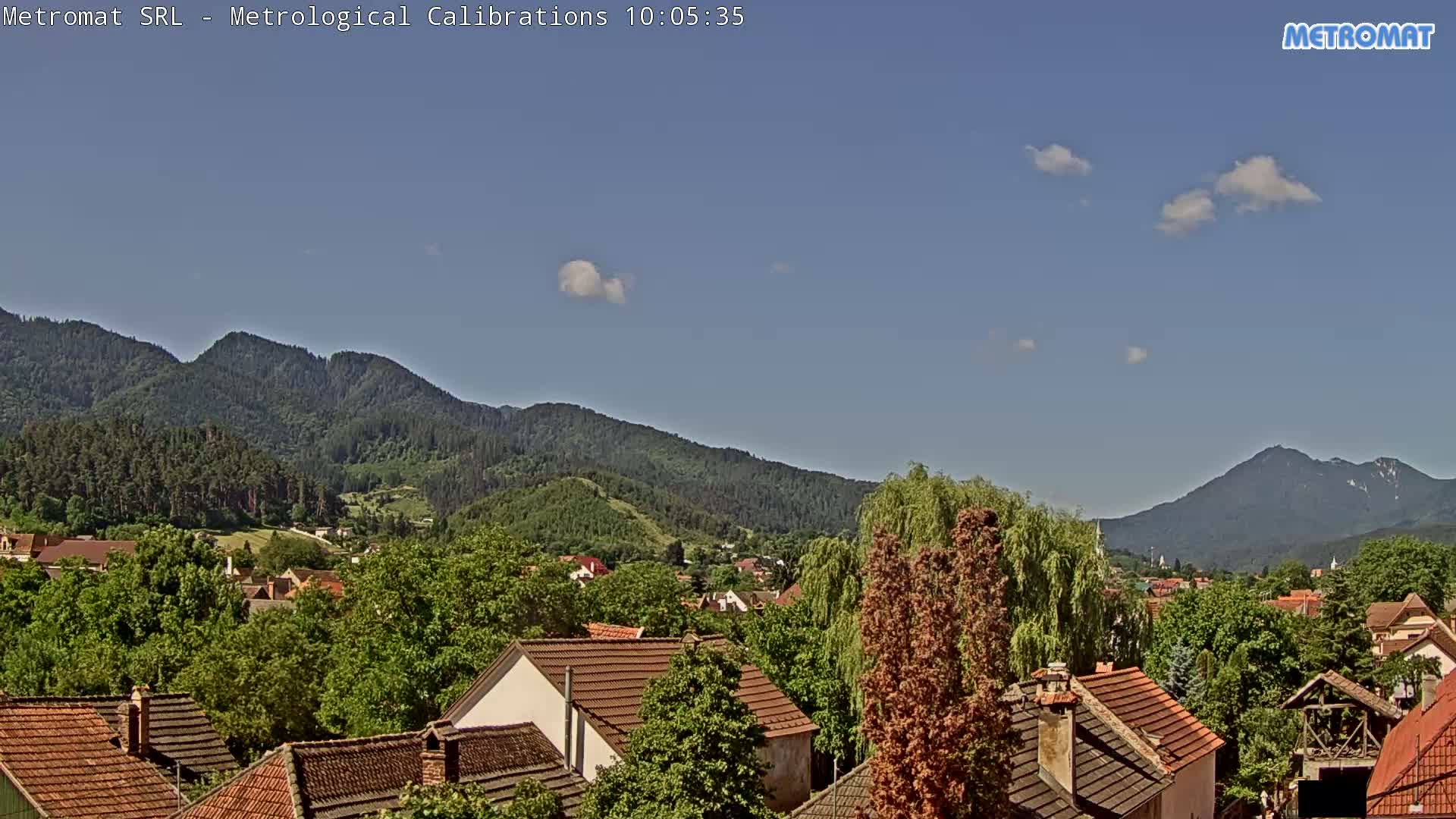 A mostly sunny day reveals a view of a town nestled among lush green hills and mountains, with a few scattered clouds in the sky.