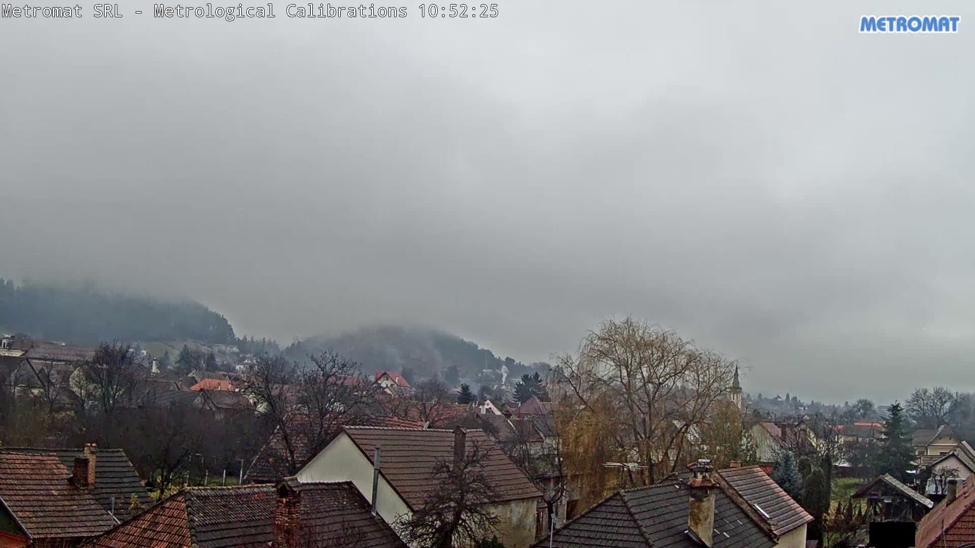 An overcast and misty day casts a grey light over a village nestled at the base of fog-shrouded hills, with bare trees interspersed among numerous houses featuring tiled roofs.