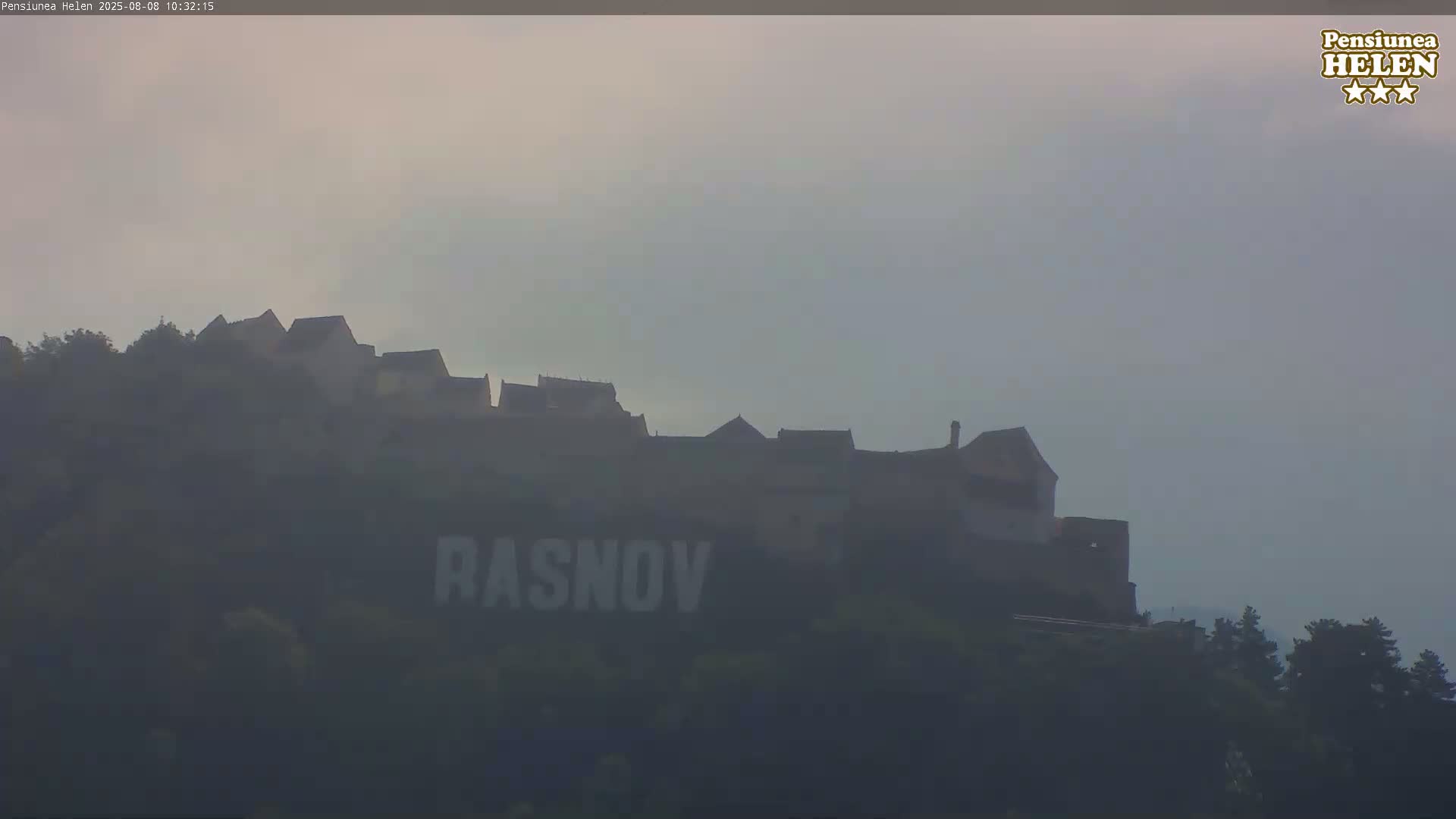 A hazy view shows a castle silhouetted against a muted sky.