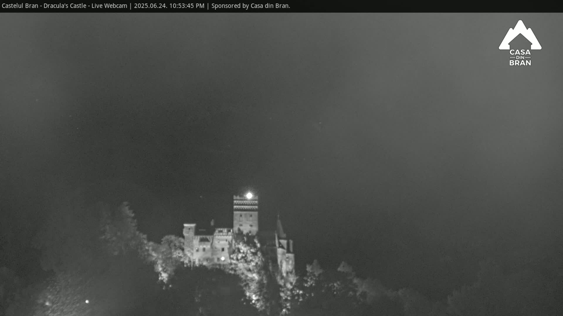A castle is dimly lit at night in foggy conditions.