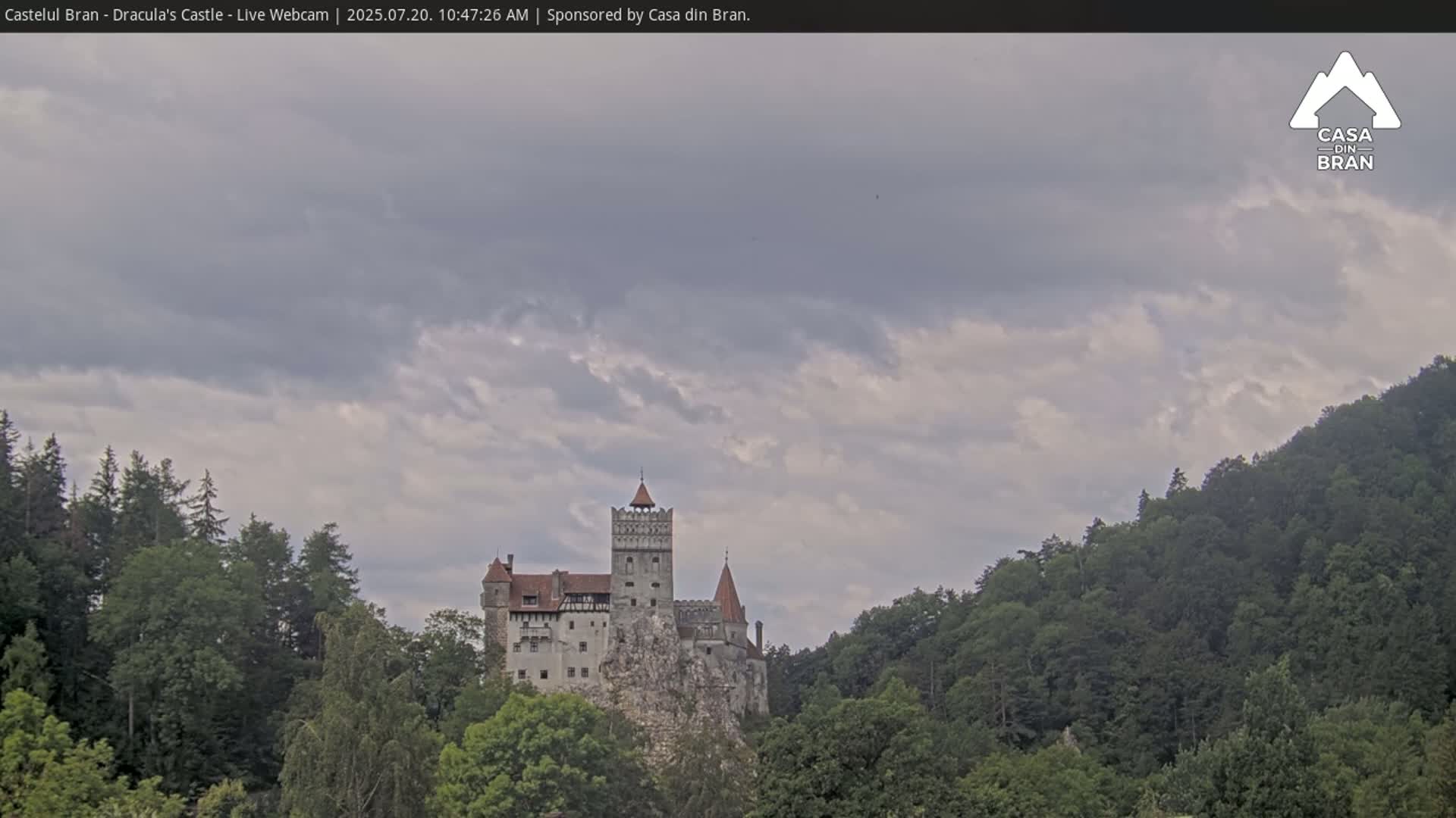 A medieval castle sits atop a rocky hill surrounded by lush green forest under a mostly cloudy sky.