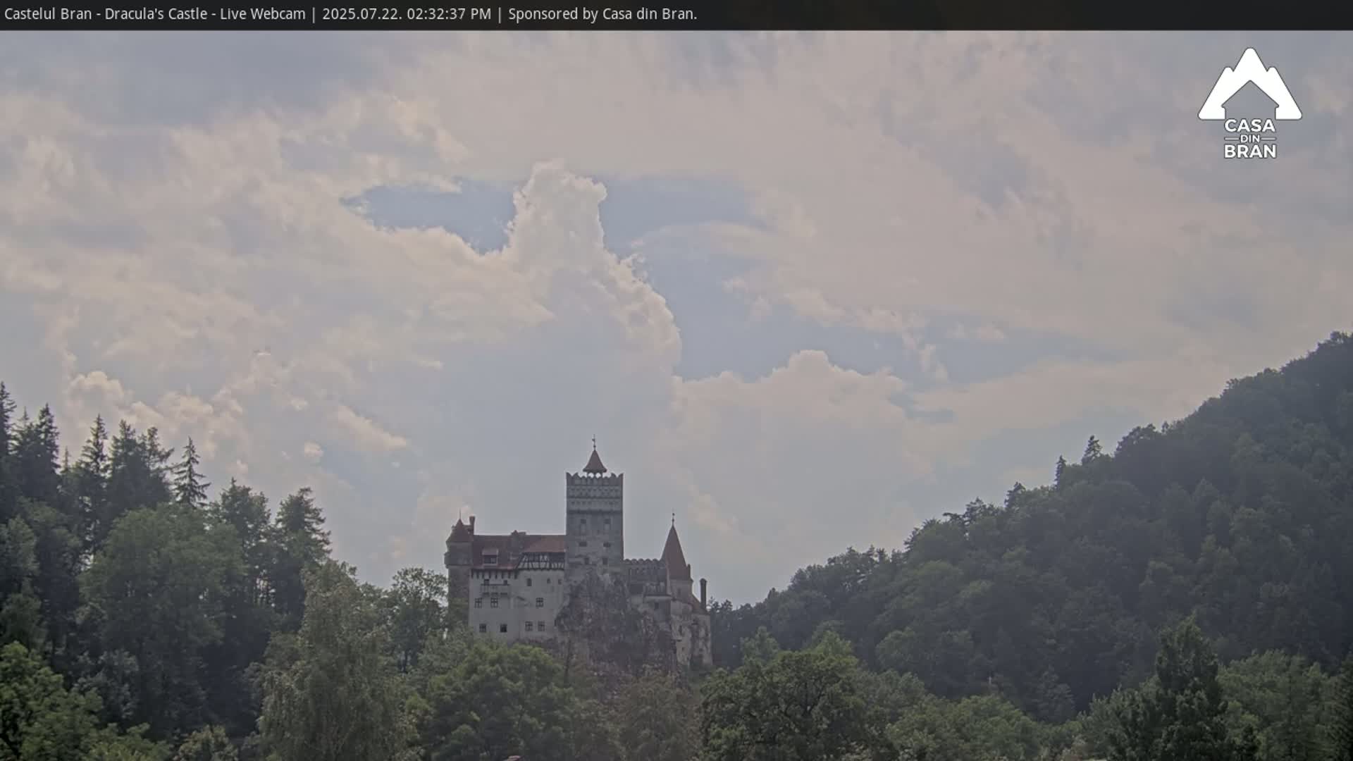 A medieval castle sits atop a hill covered in lush green trees under a partly cloudy sky.