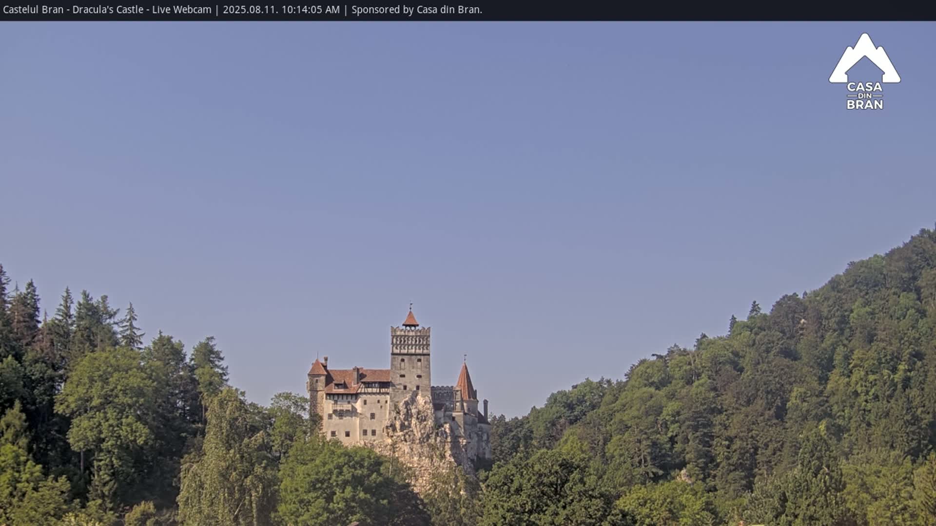 A medieval castle sits atop a rocky outcrop surrounded by lush green forests under a clear blue sky.