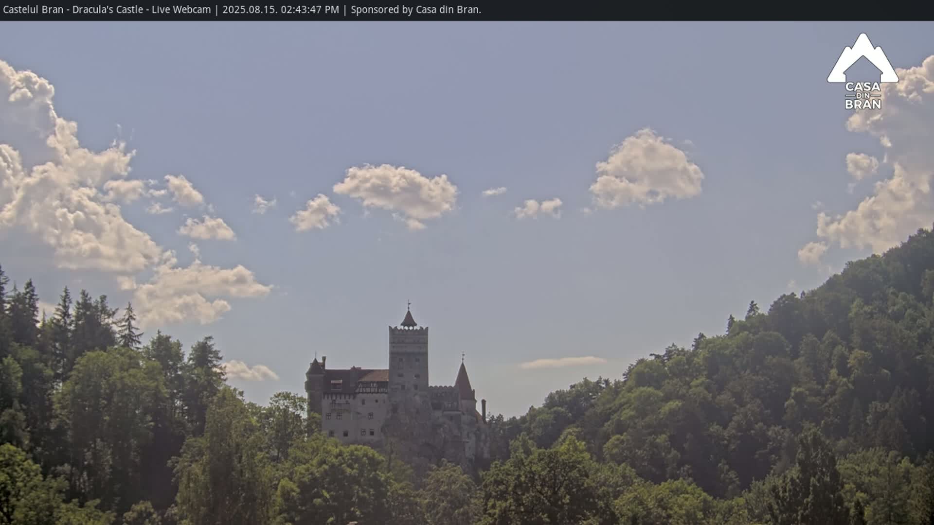 A medieval castle sits atop a rocky outcrop surrounded by lush green forests under a clear blue sky.