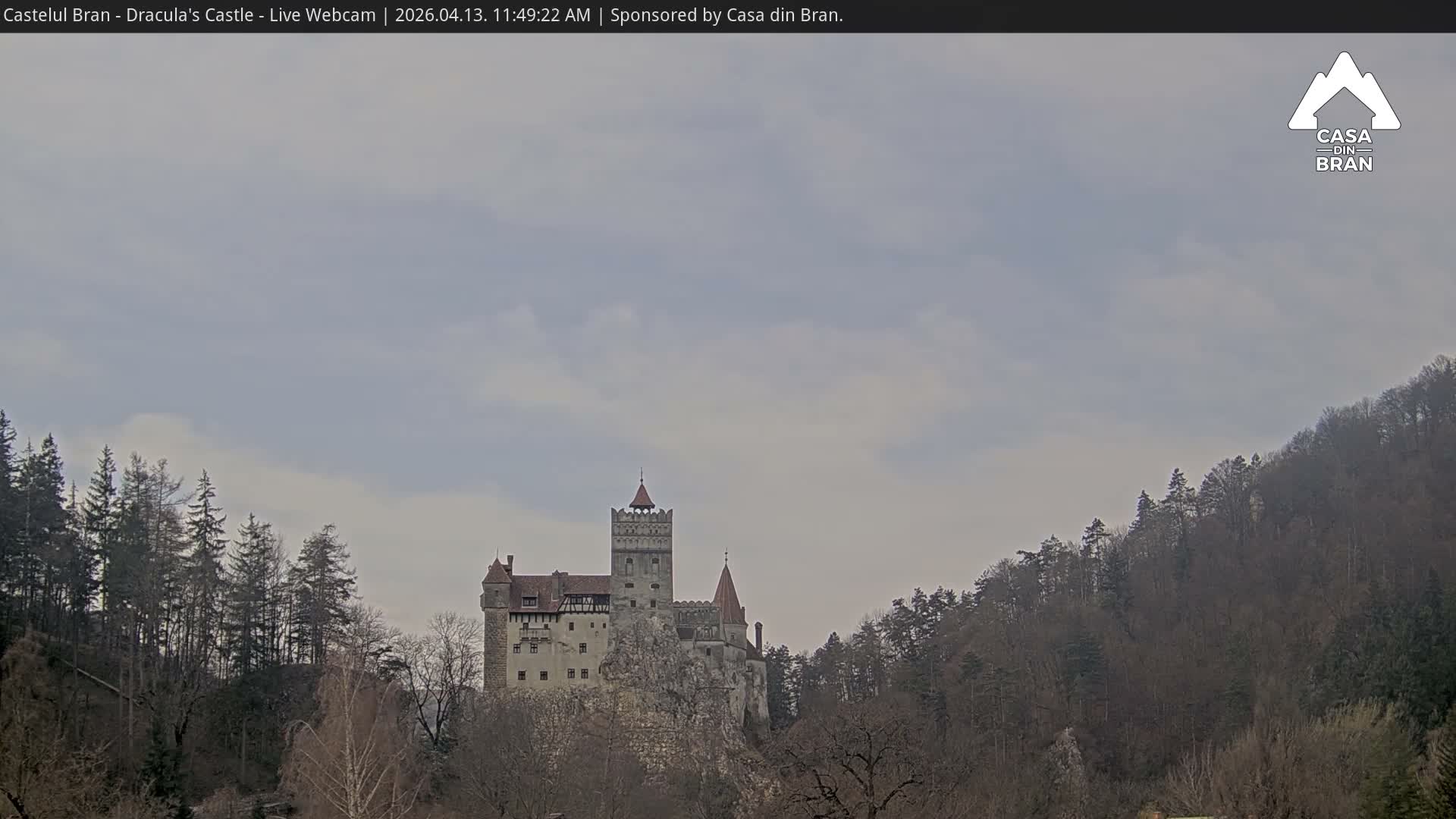 An illuminated castle sits dramatically atop a rocky hill, surrounded by dark, tree-covered slopes under a hazy night sky.
