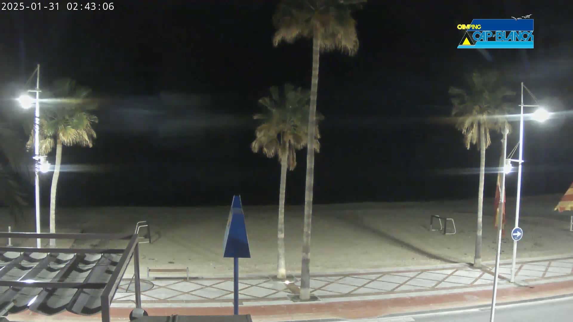 At night, a sandy beach is lit by streetlights under a dark sky, with palm trees lining a paved walkway.