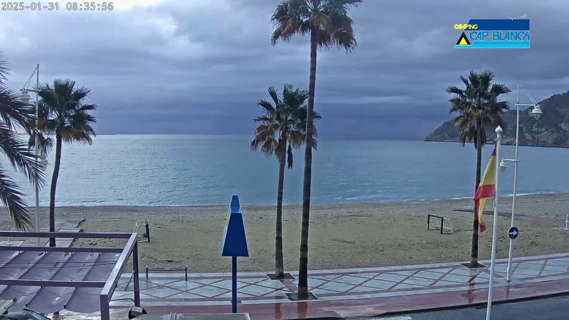 A mostly cloudy day at a beach with palm trees, a sandy shore, and a paved walkway; a calm sea is visible in the background.