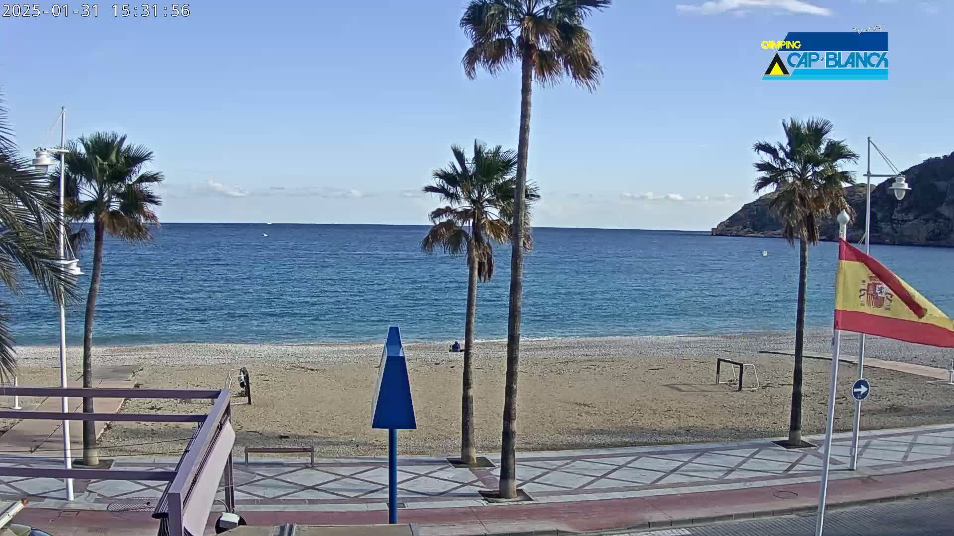 A sandy beach with palm trees and a calm blue sea under a clear sky is viewed from a seaside promenade.