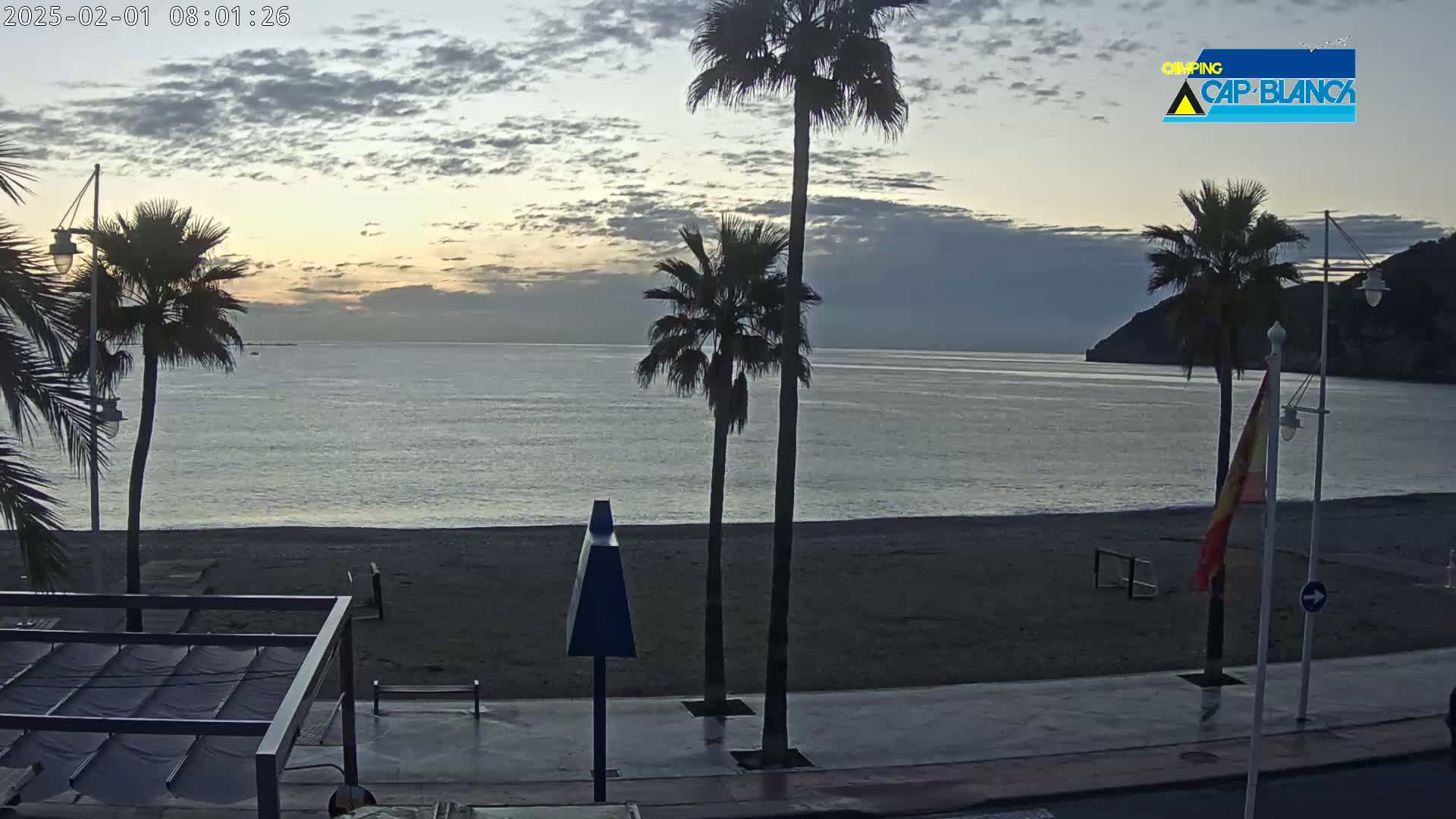 A calm ocean beach at sunrise, with palm trees lining a paved walkway next to a sandy shore, under a mostly cloudy sky.