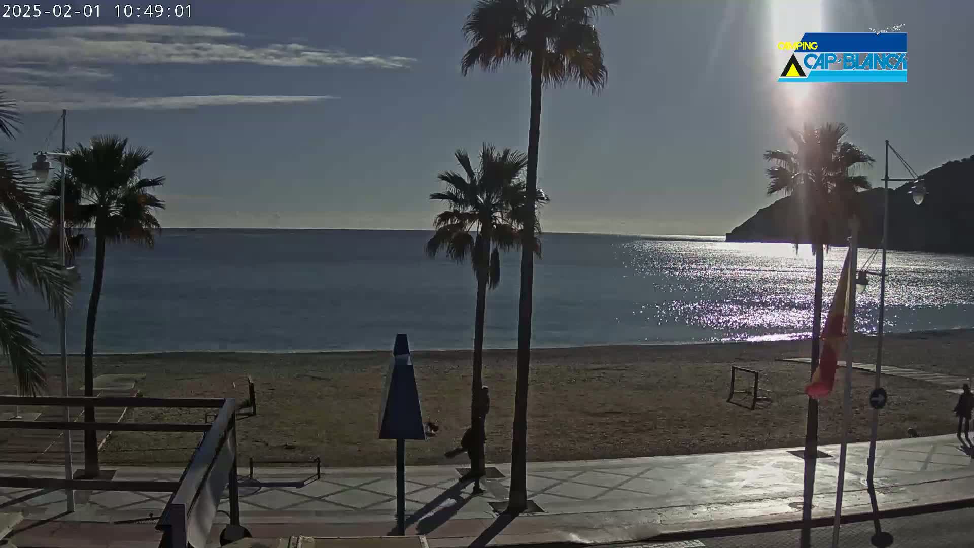 A sunny day at a beach with palm trees, a calm sea reflecting sunlight, and a few people walking on the promenade.