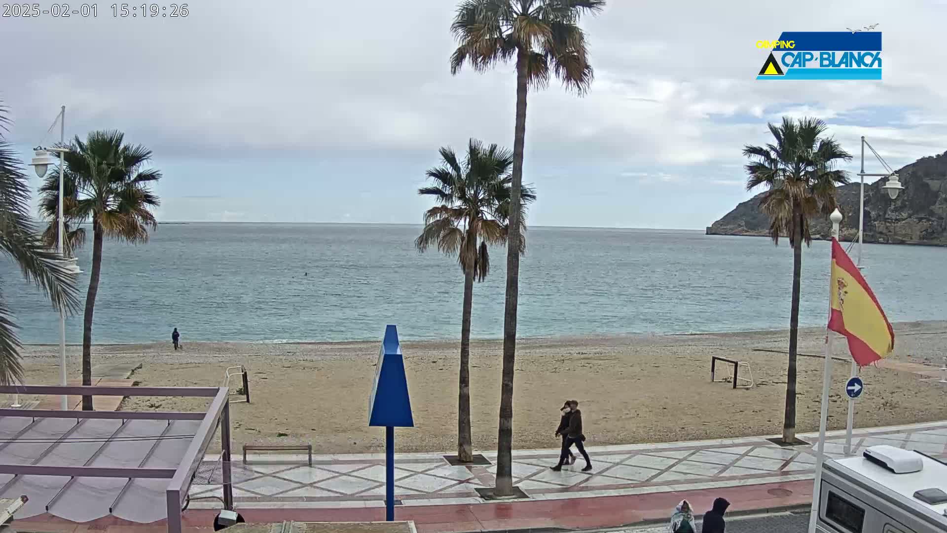 A sandy beach with calm blue water under an overcast sky is bordered by a paved walkway lined with palm trees and a few people walking.