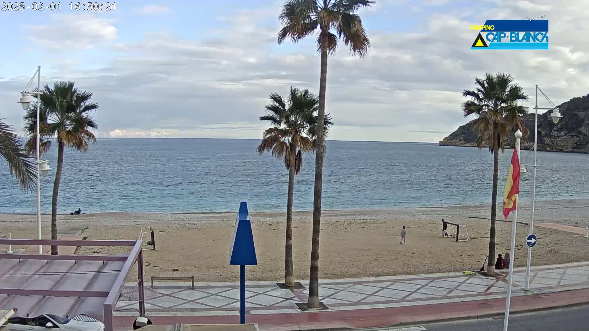 A sandy beach with palm trees and a few people on it, next to a calm blue ocean under a partly cloudy sky.