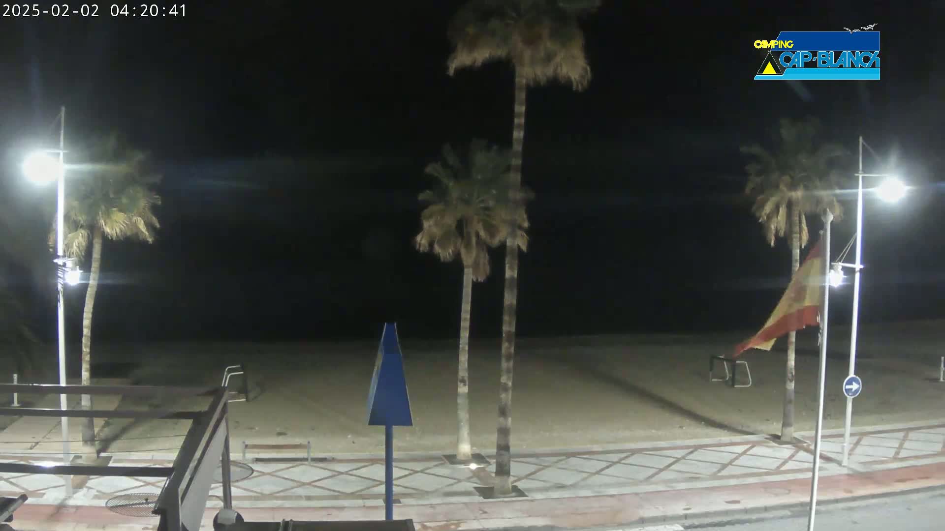 A nighttime beach scene shows palm trees, streetlights, and a Spanish flag waving gently in the dark.