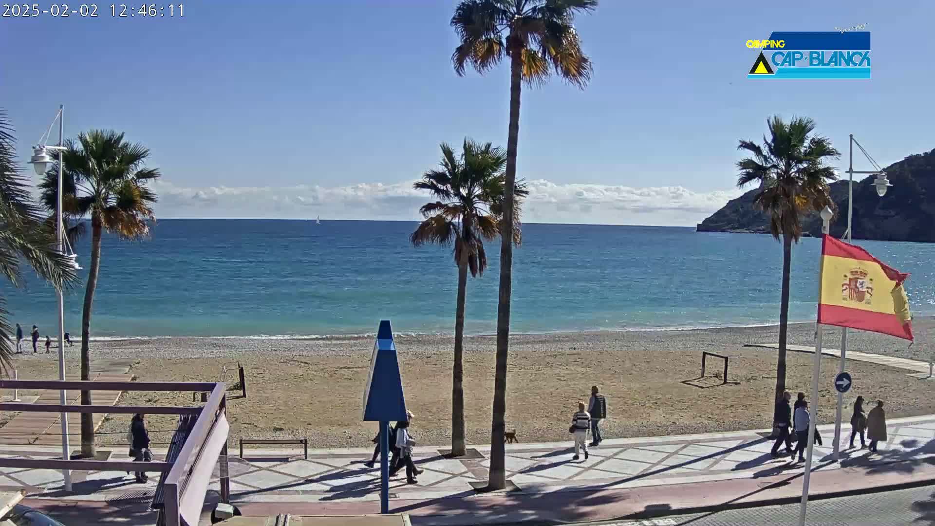 A sandy beach with palm trees and a few people walking along a paved walkway next to a calm, blue ocean under a mostly sunny sky.
