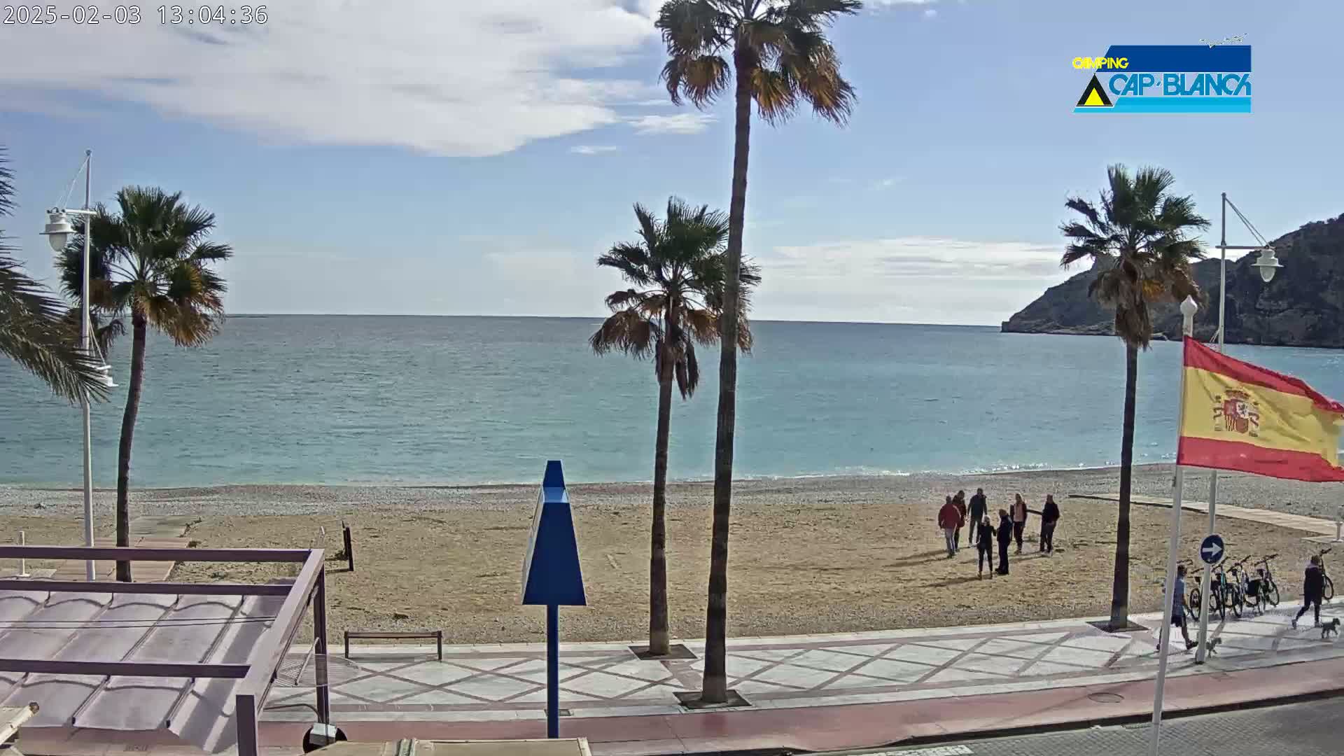 A partly sunny beach scene shows a sandy beach with a few people standing near palm trees, next to a calm, light-blue sea with a mountain in the background.