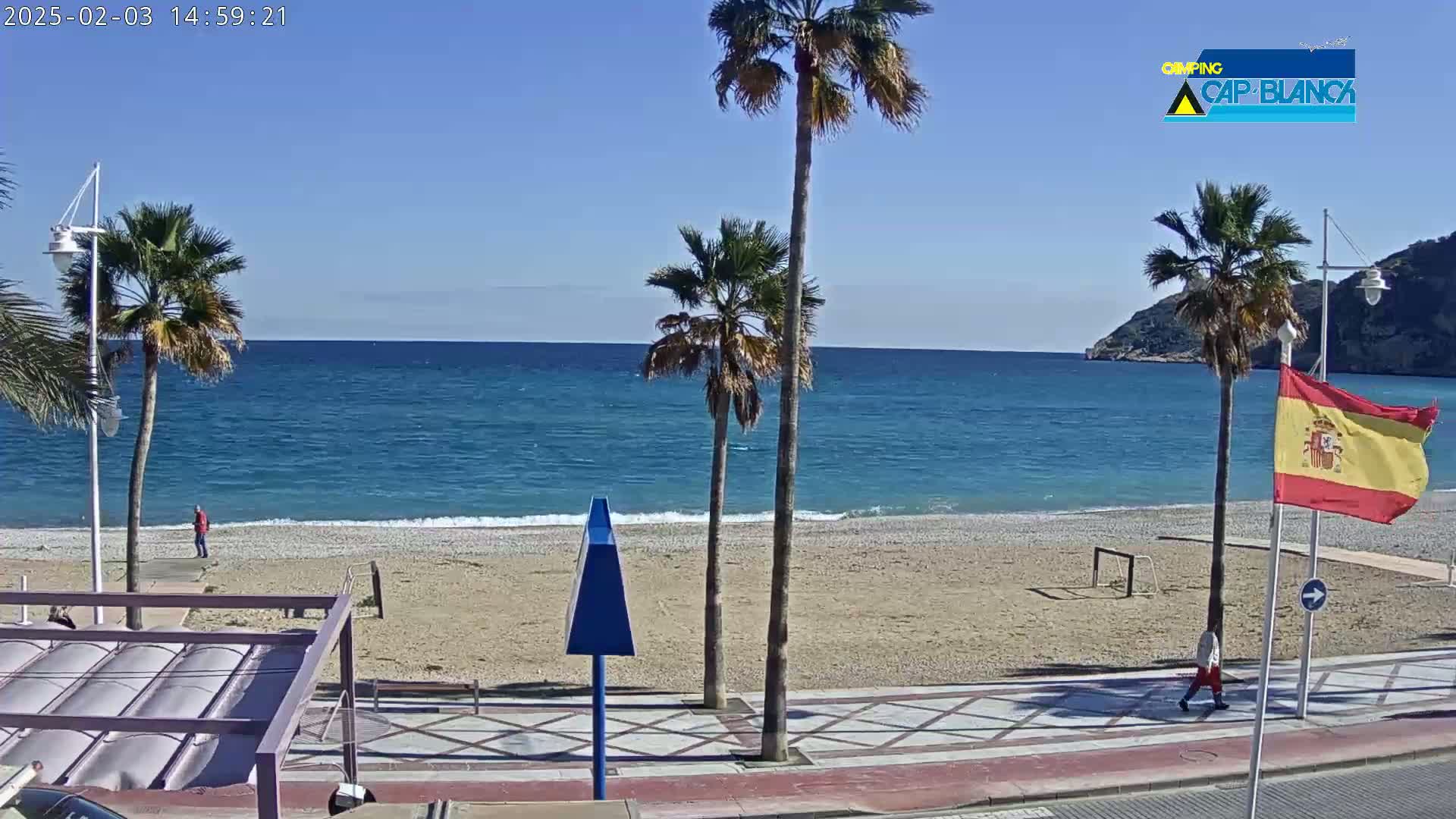 A sandy beach with palm trees and a calm blue sea under a clear sky is seen from a seaside promenade.