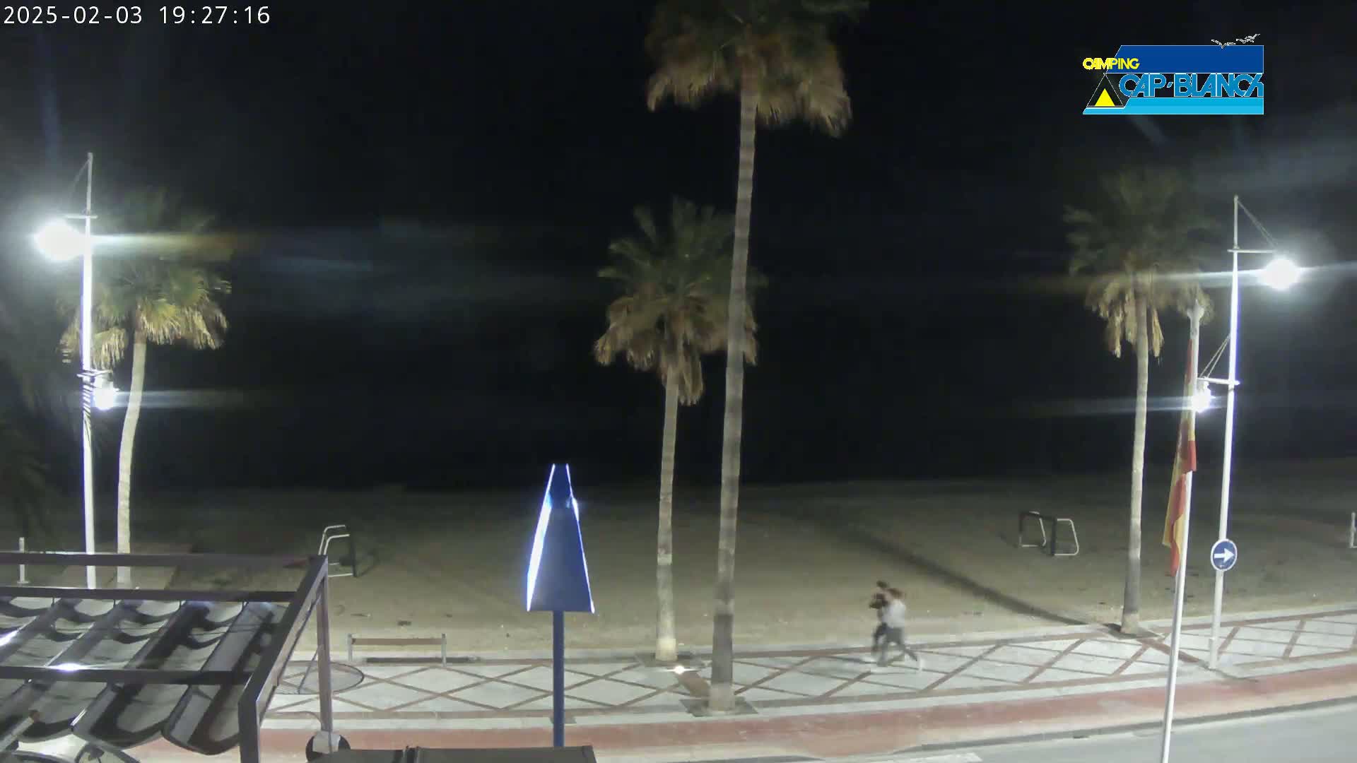 A nighttime beach scene shows two people walking along a paved path next to a sandy beach, under a dark, clear sky, with palm trees lining the path and streetlights illuminating the area.