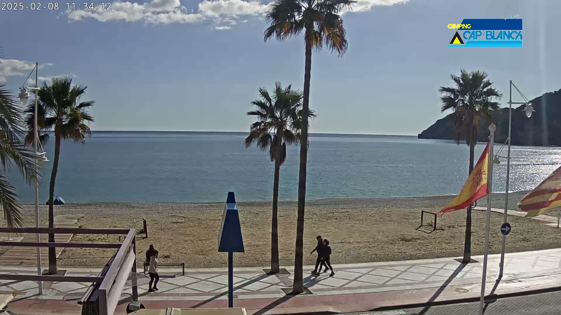 A mostly sunny day at a beach with palm trees, a boardwalk, and a few people walking.