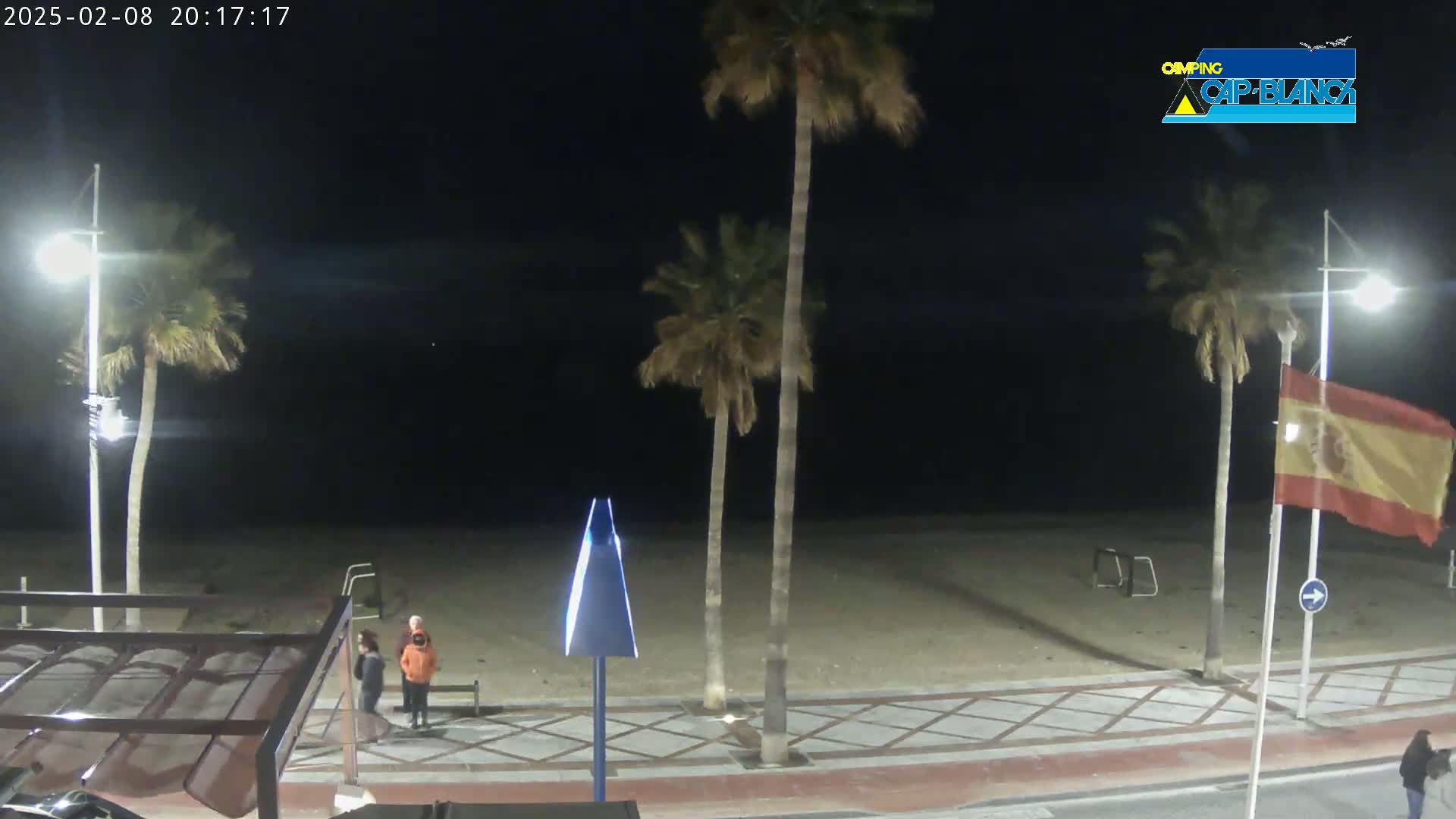 At night, under a clear sky, three people stand on a sandy beach near palm trees and streetlights, with a Spanish flag waving in the background.
