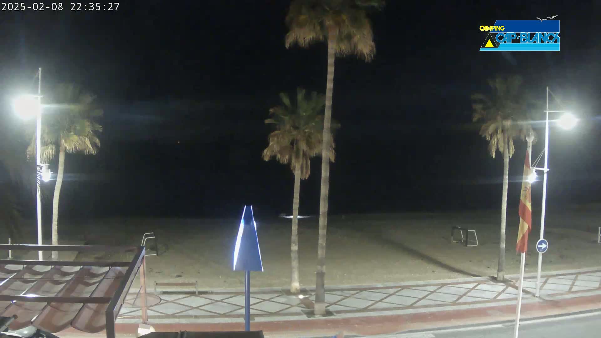 A nighttime view of a sandy beach with palm trees, streetlights, and a paved walkway.